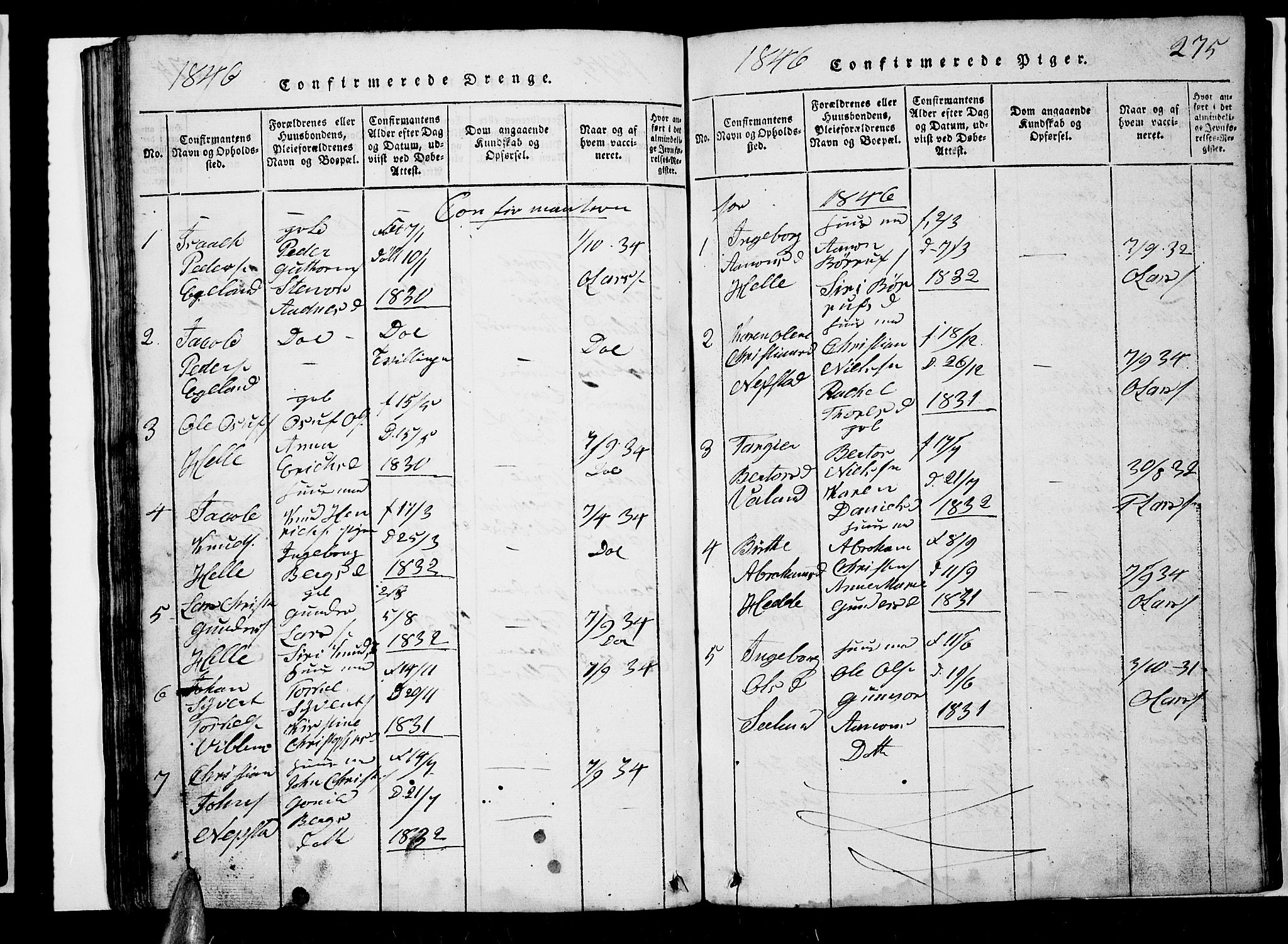 Nord-Audnedal sokneprestkontor, AV/SAK-1111-0032/F/Fb/Fba/L0001: Parish register (copy) no. B 1, 1815-1856, p. 275