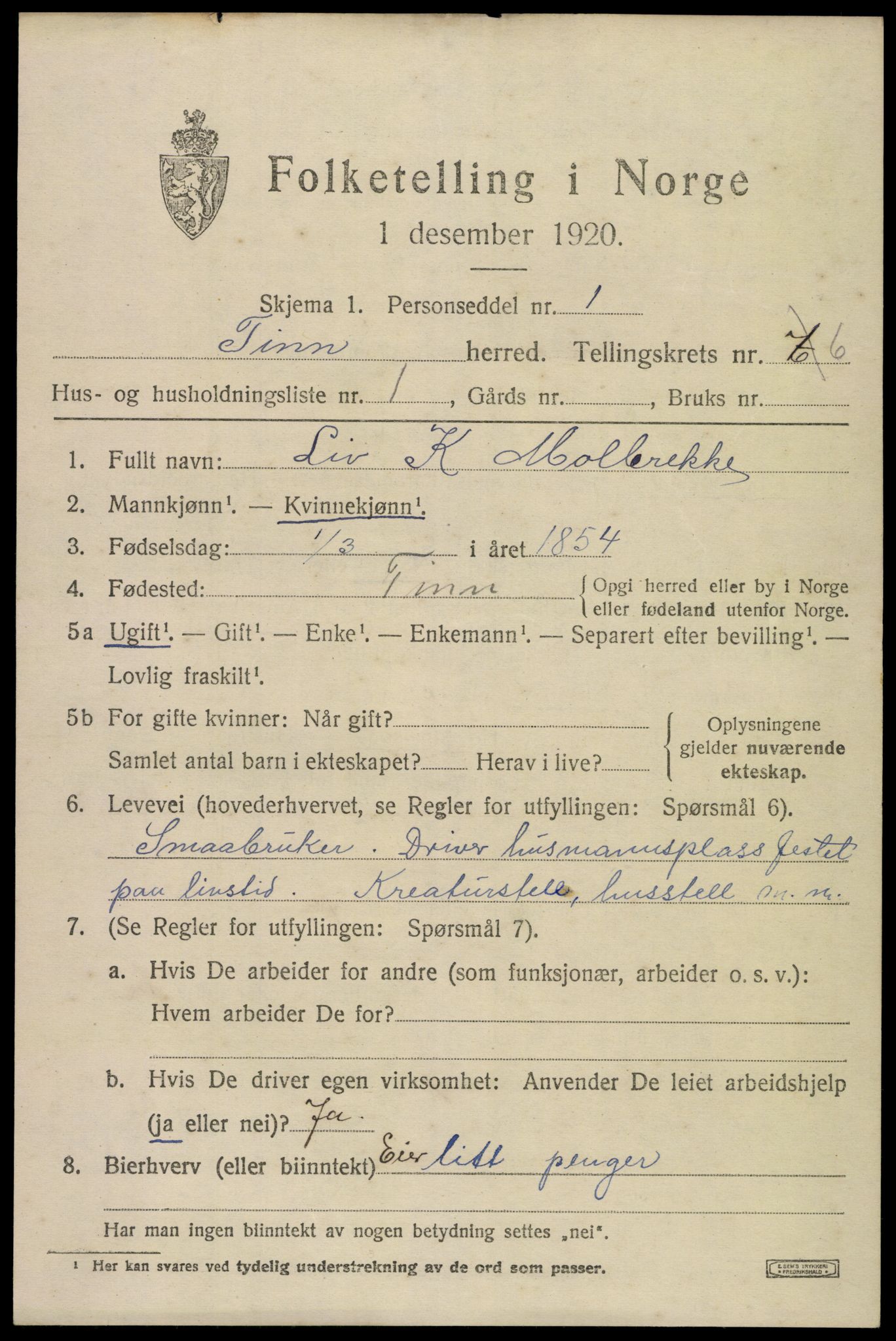 SAKO, 1920 census for Tinn, 1920, p. 4520