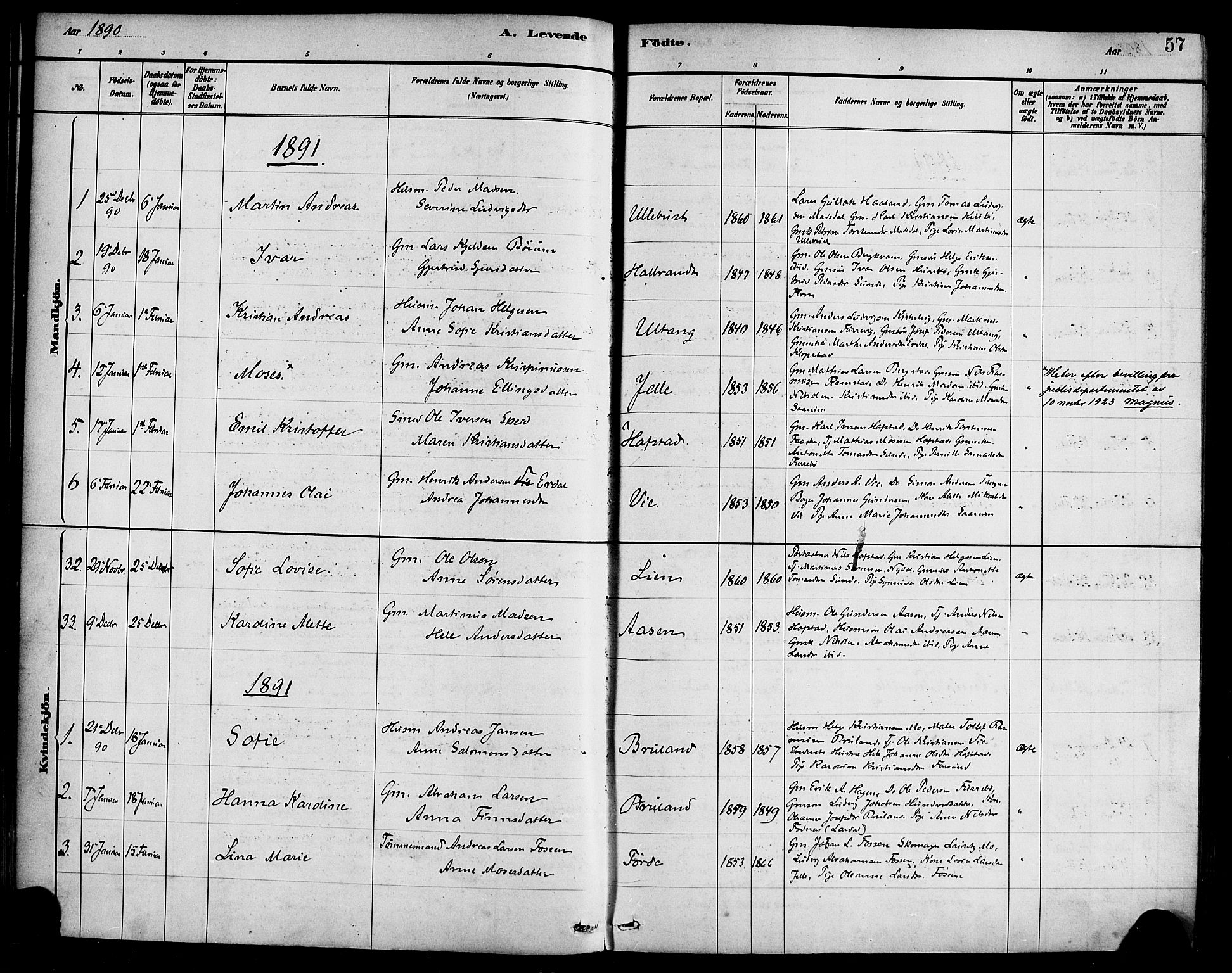 Førde sokneprestembete, SAB/A-79901/H/Haa/Haab/L0001: Parish register (official) no. B 1, 1880-1898, p. 57