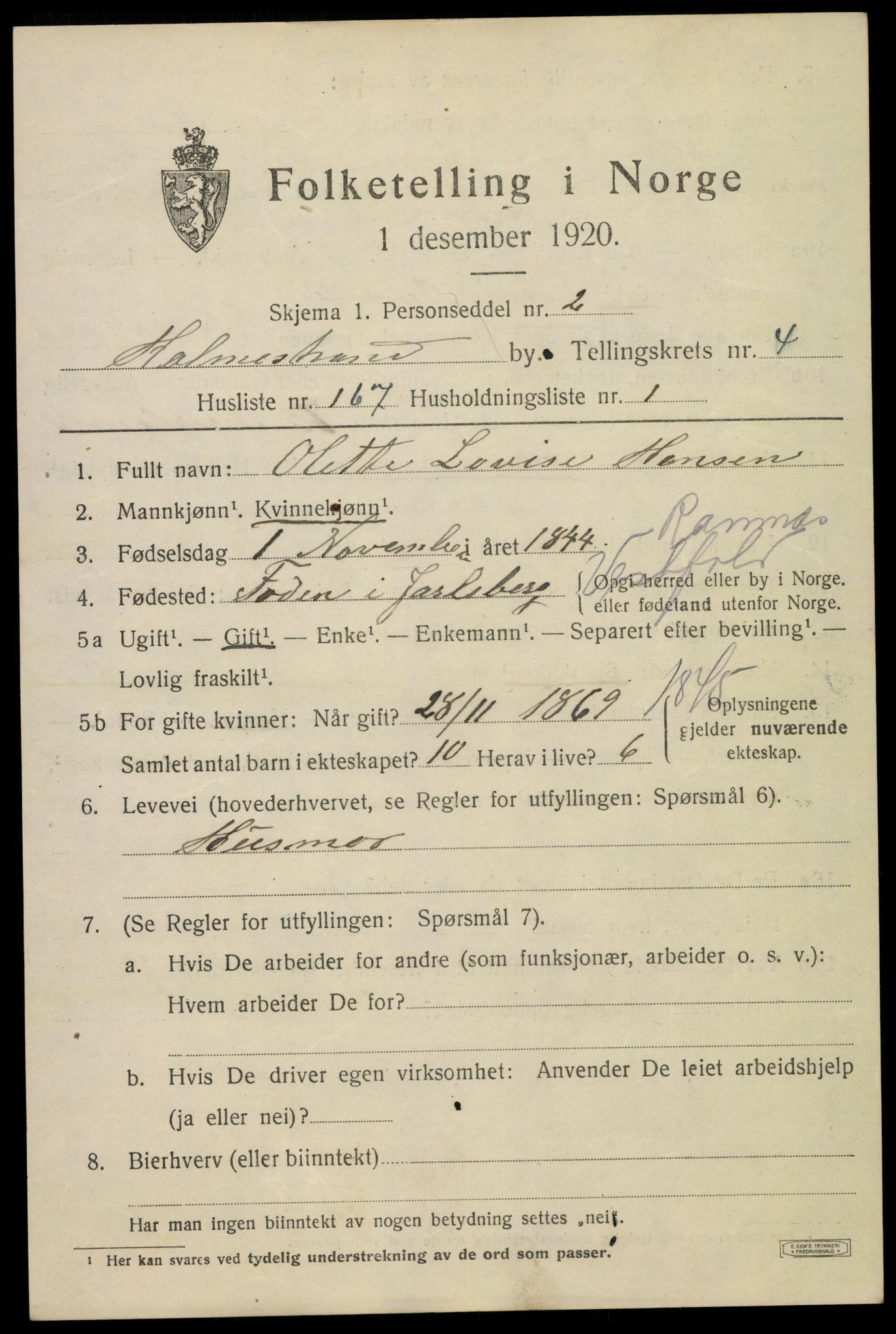 SAKO, 1920 census for Holmestrand, 1920, p. 5094