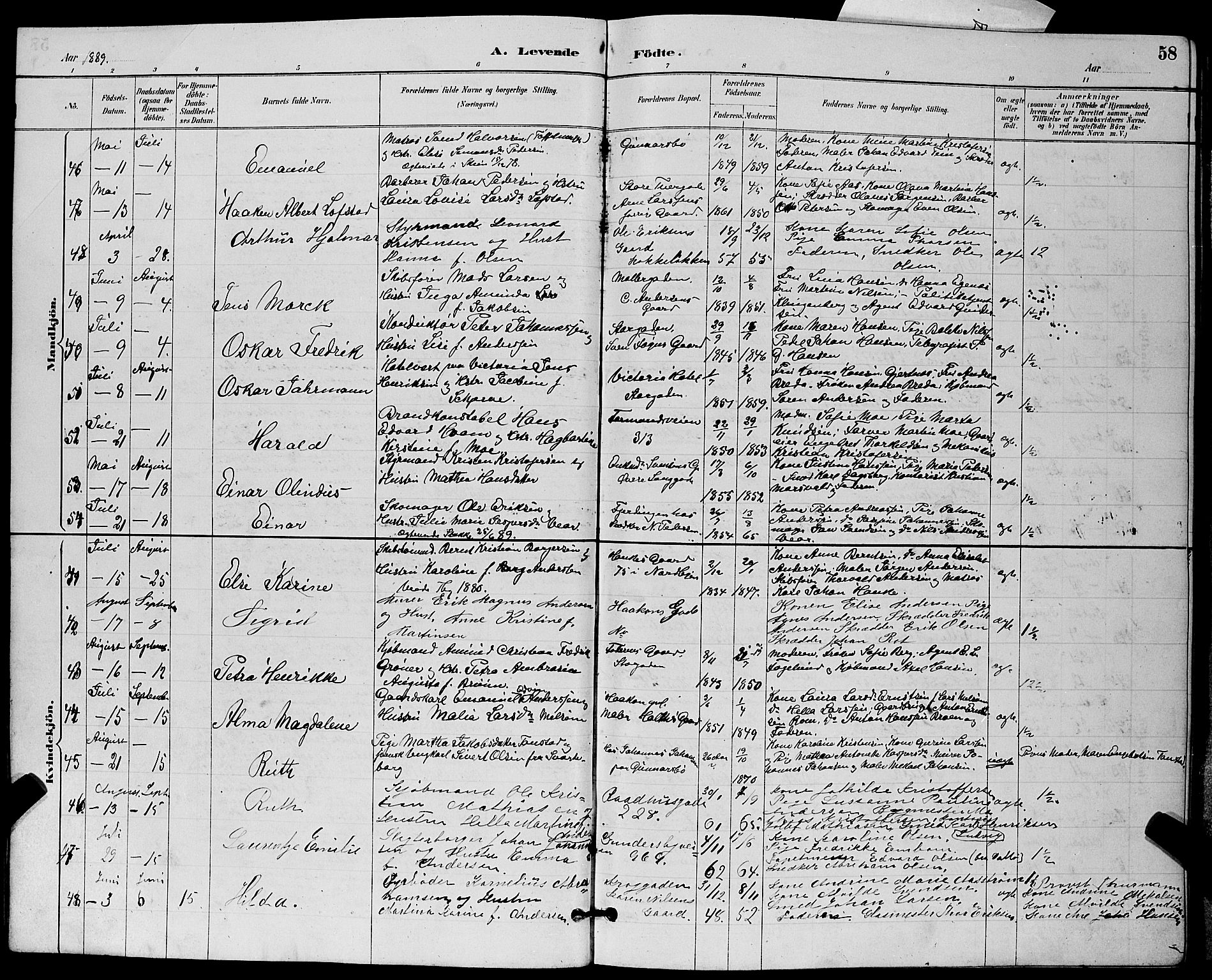 Tønsberg kirkebøker, AV/SAKO-A-330/G/Ga/L0006: Parish register (copy) no. 6, 1885-1895, p. 58