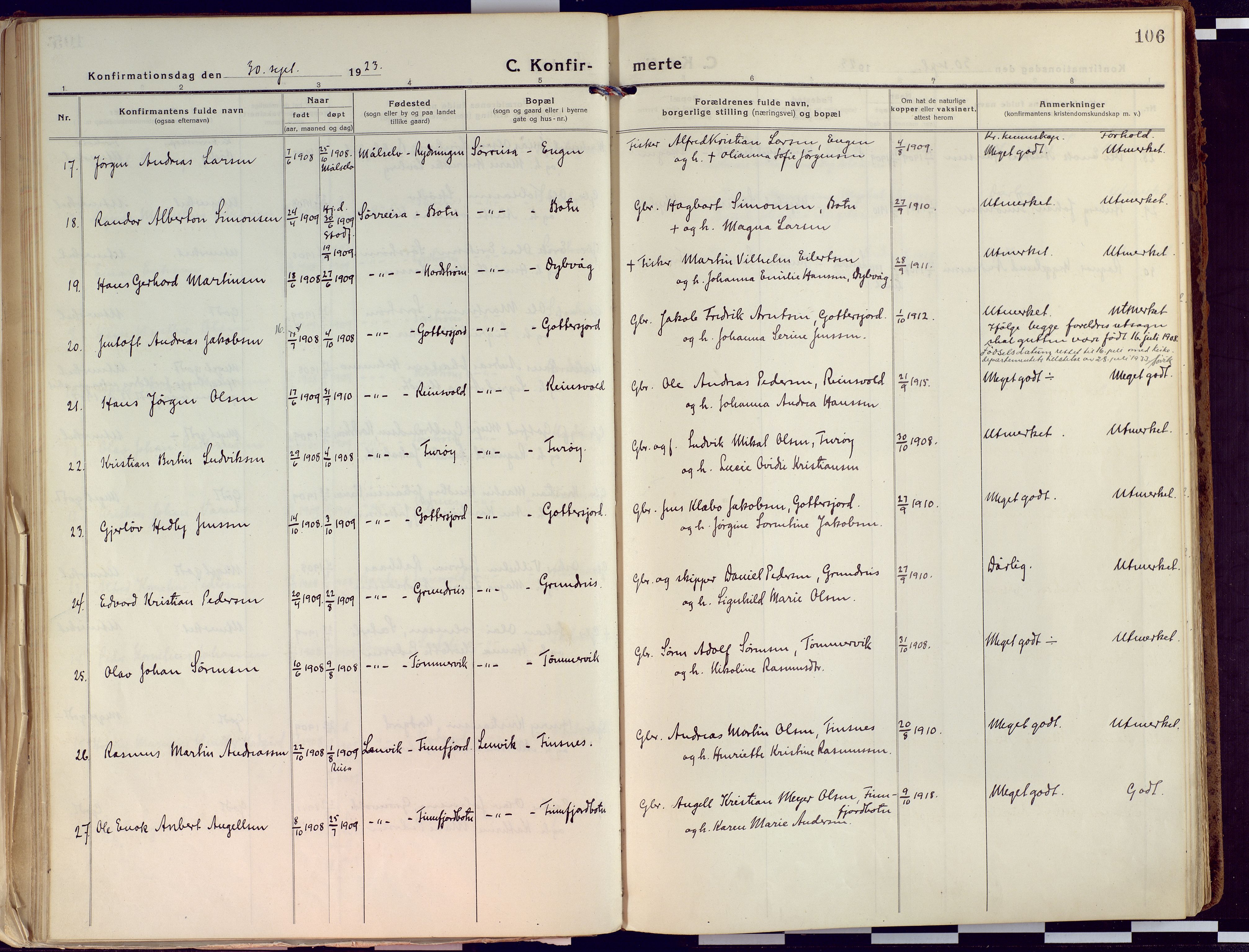 Tranøy sokneprestkontor, AV/SATØ-S-1313/I/Ia/Iaa/L0015kirke: Parish register (official) no. 15, 1919-1928, p. 106