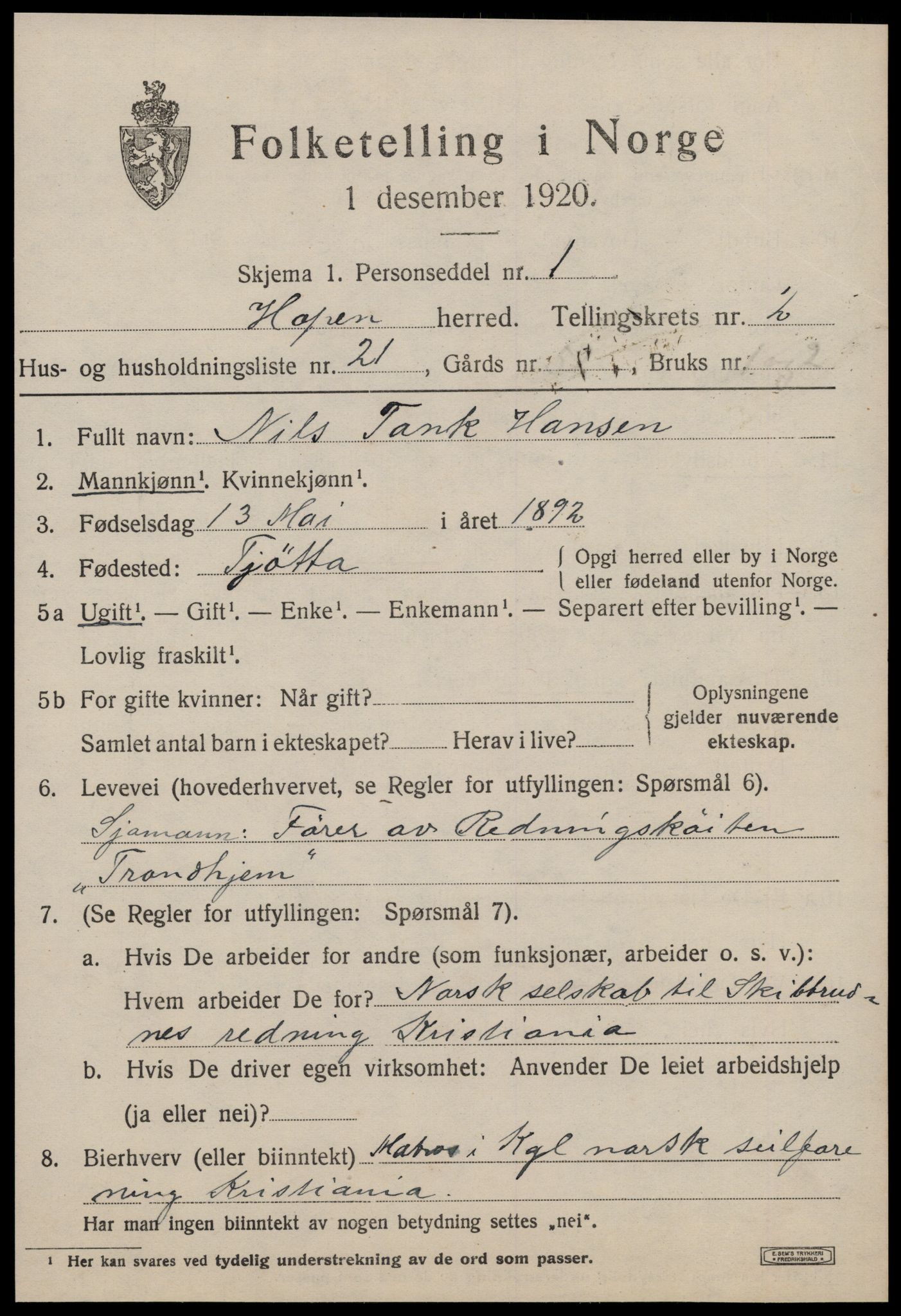 SAT, 1920 census for Hopen, 1920, p. 1490