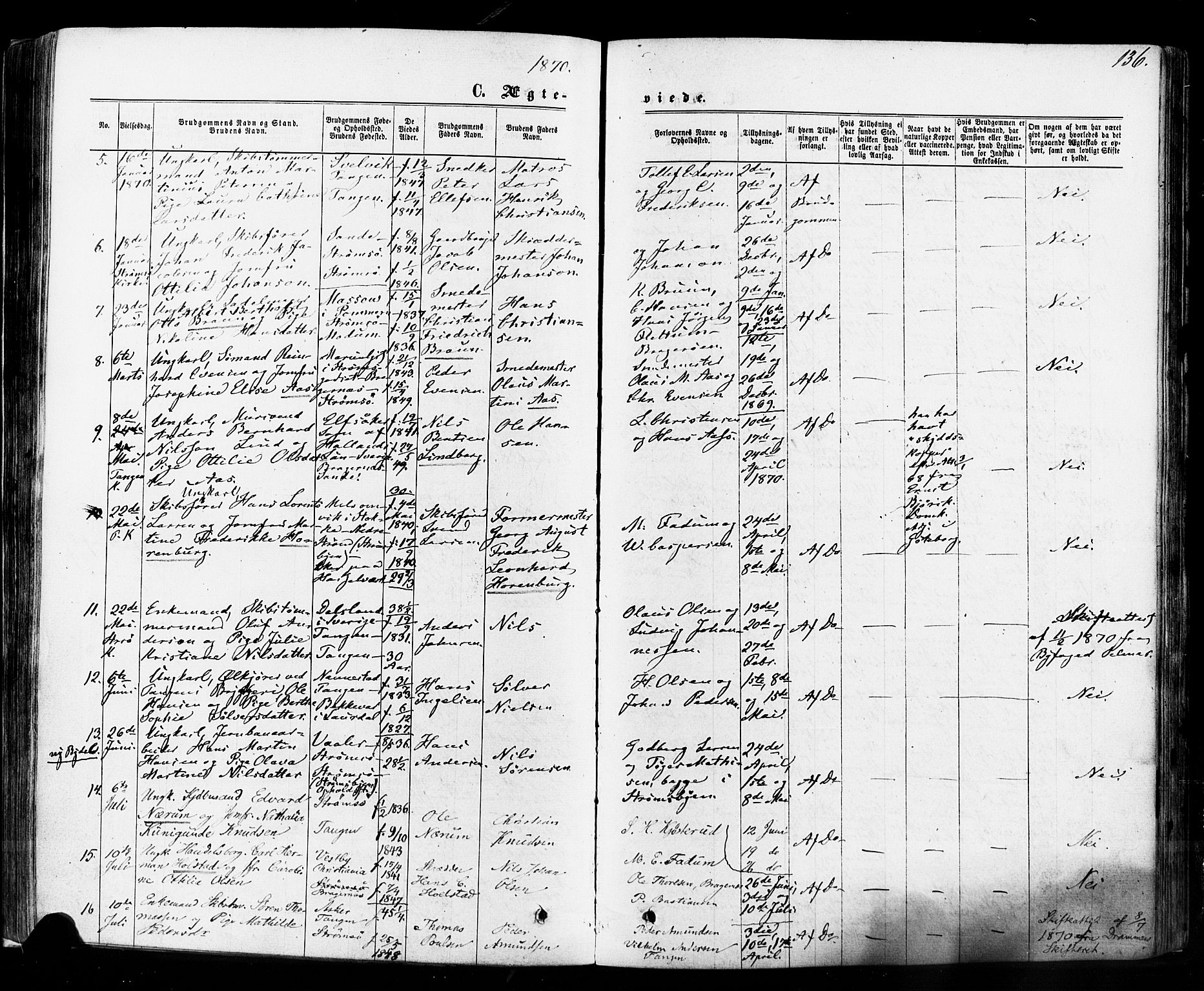 Strømsø kirkebøker, SAKO/A-246/F/Fa/L0018: Parish register (official) no. I 18, 1865-1878, p. 136