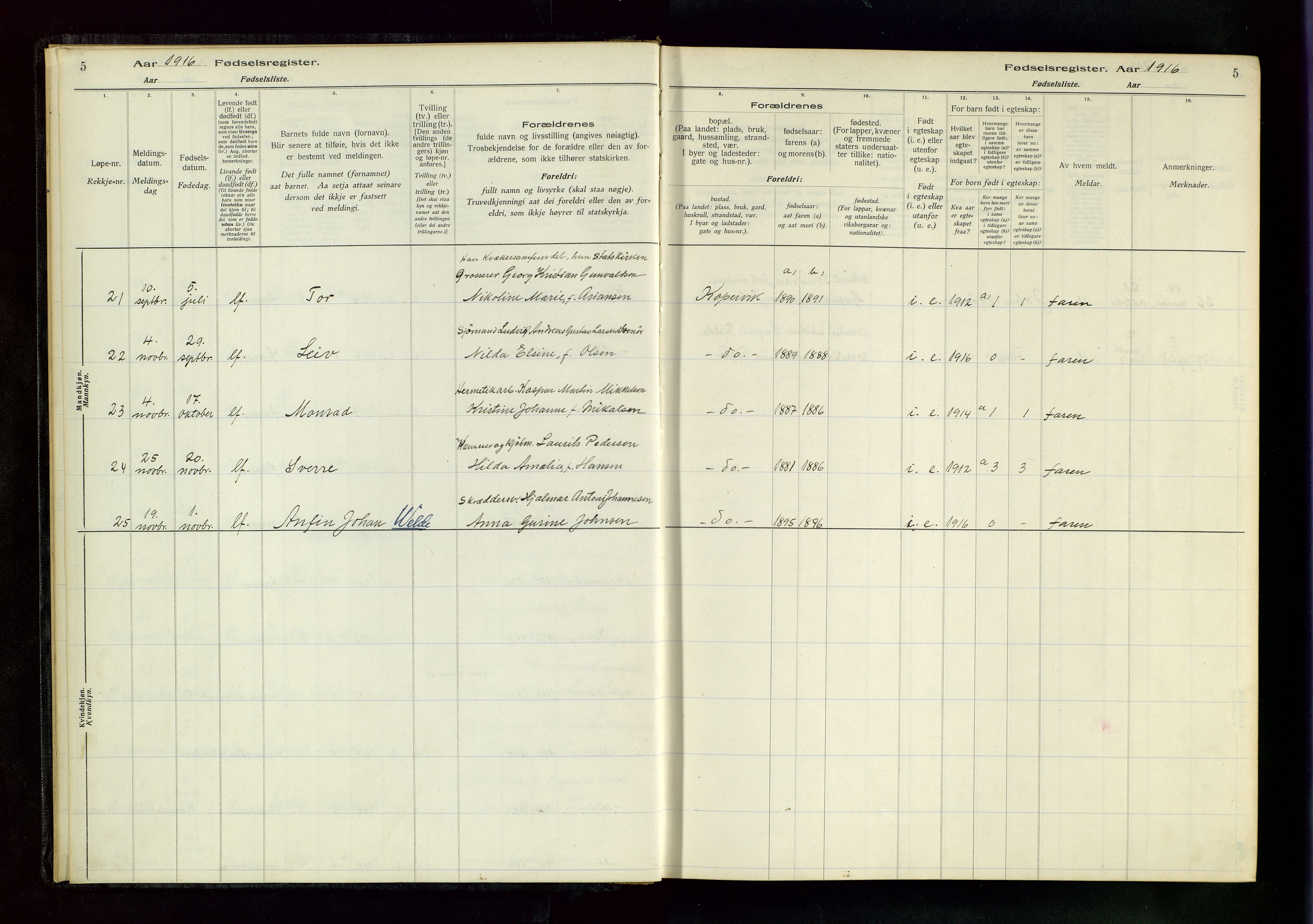 Kopervik sokneprestkontor, AV/SAST-A-101850/I/Id/L0001: Birth register no. 1, 1916-1952, p. 5