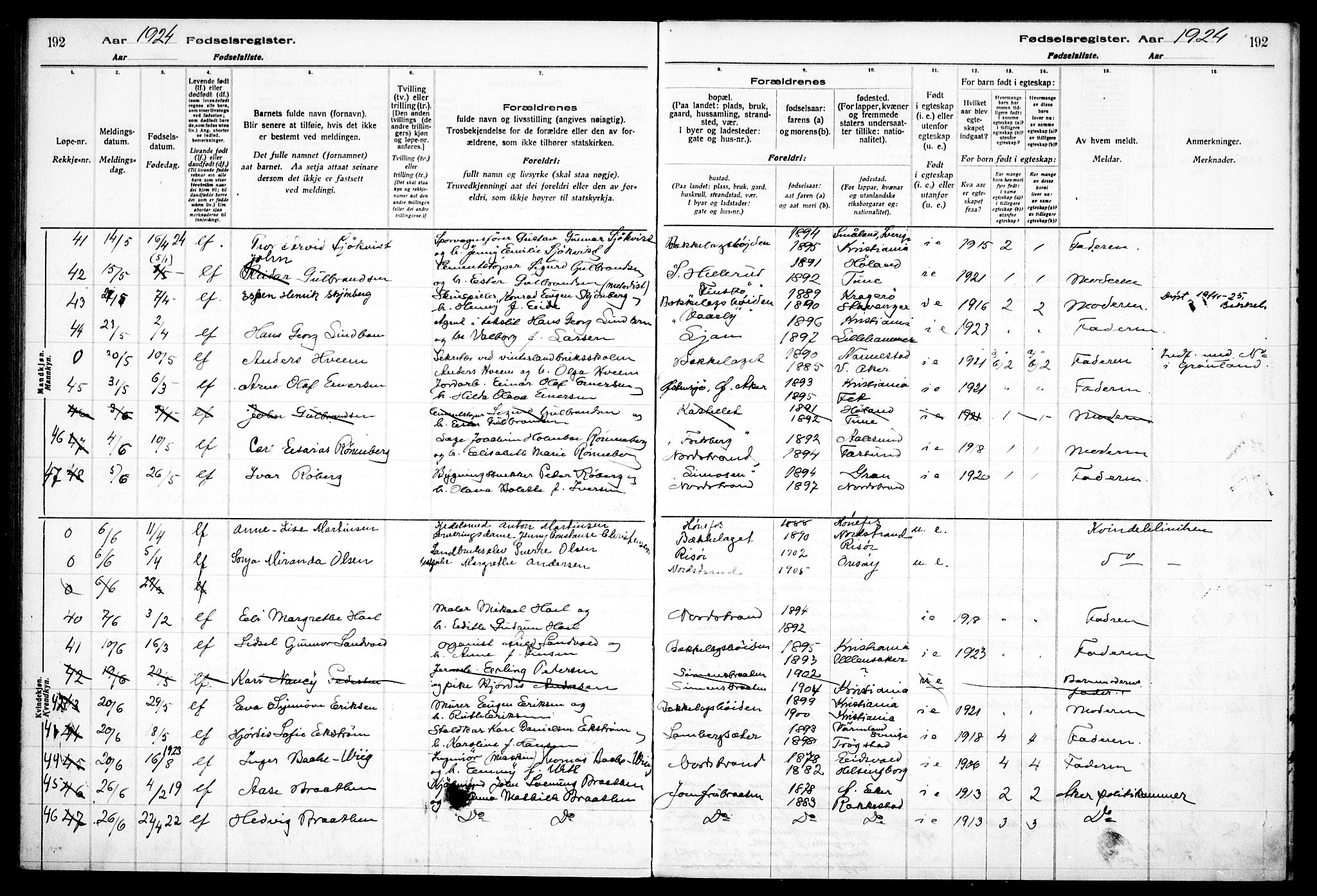 Nordstrand prestekontor Kirkebøker, AV/SAO-A-10362a/J/Ja/L0001: Birth register no. I 1, 1916-1924, p. 192