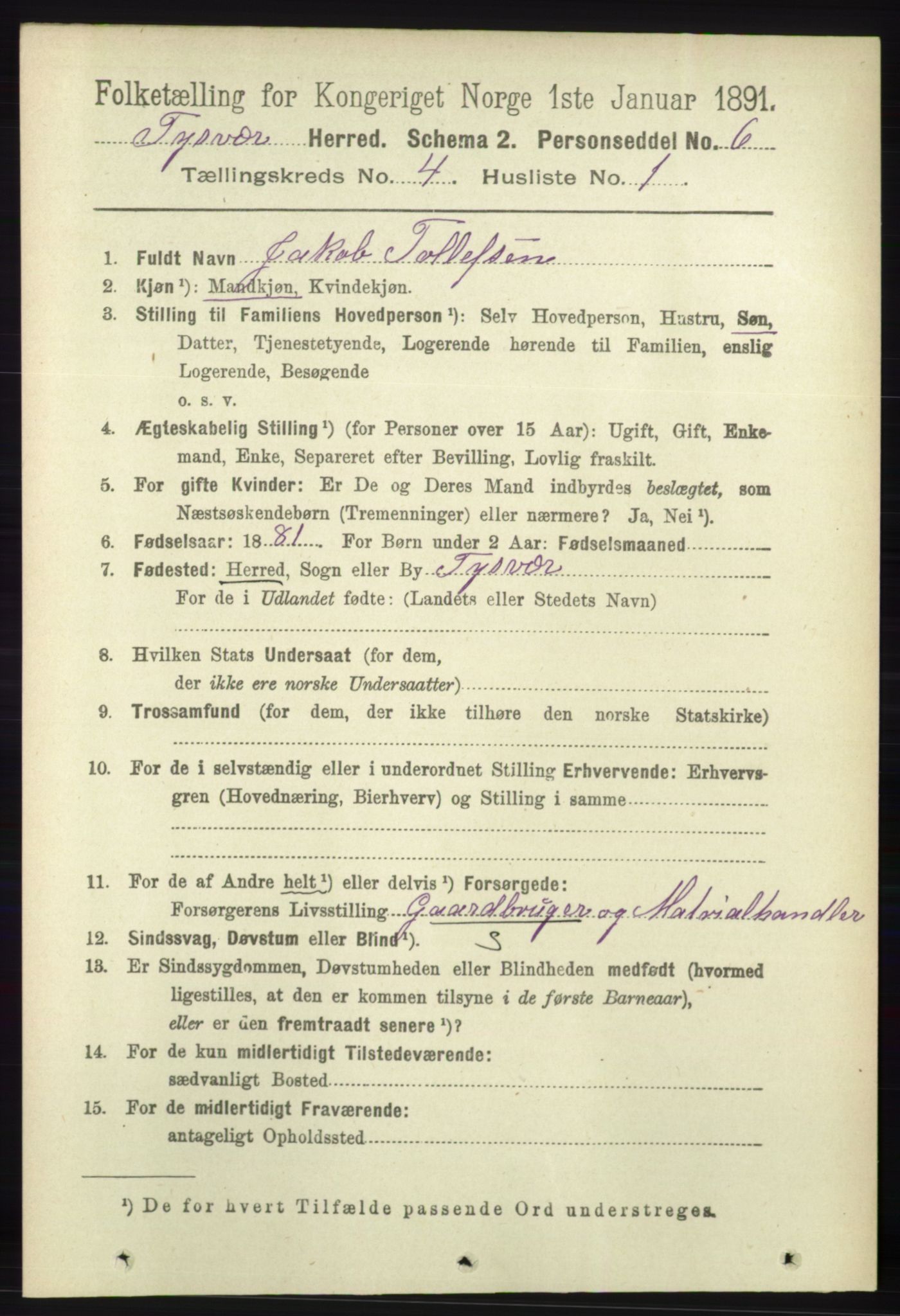 RA, 1891 census for 1146 Tysvær, 1891, p. 1516