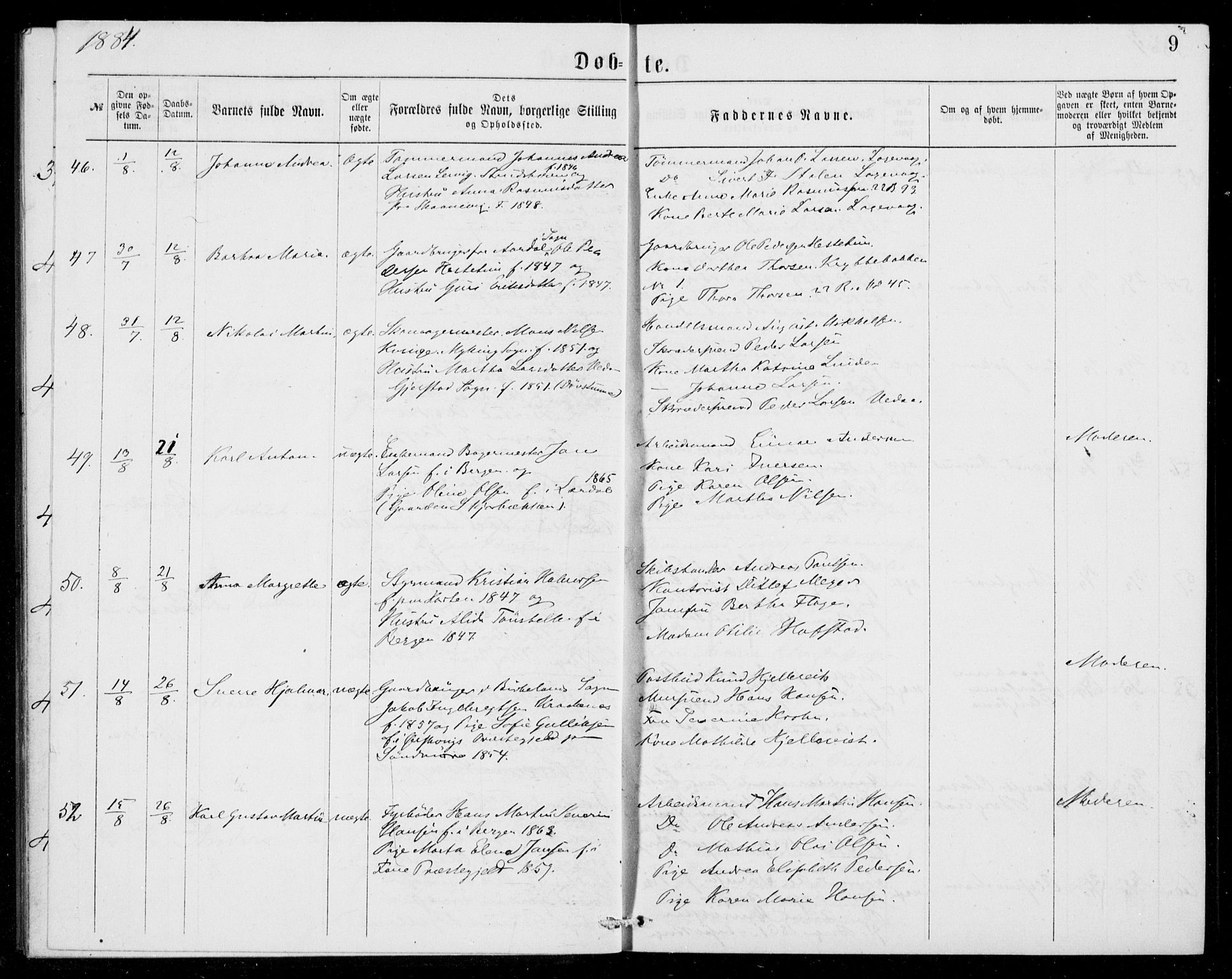 Fødselsstiftelsens sokneprestembete, ført av overlegen*, SAB/-: Parish register (official) no. A 2, 1884-1900, p. 9