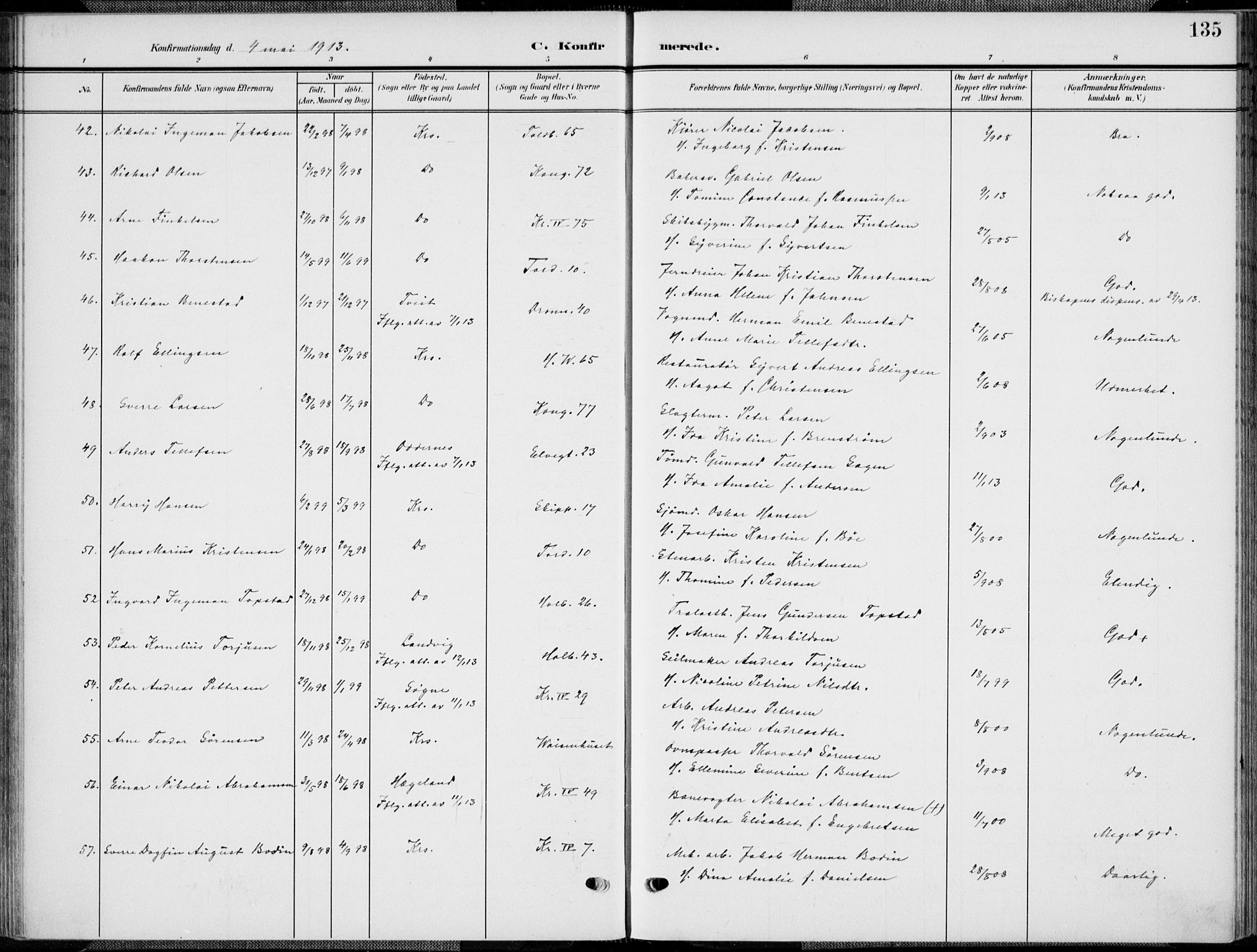 Kristiansand domprosti, AV/SAK-1112-0006/F/Fa/L0022: Parish register (official) no. A 21, 1905-1916, p. 135