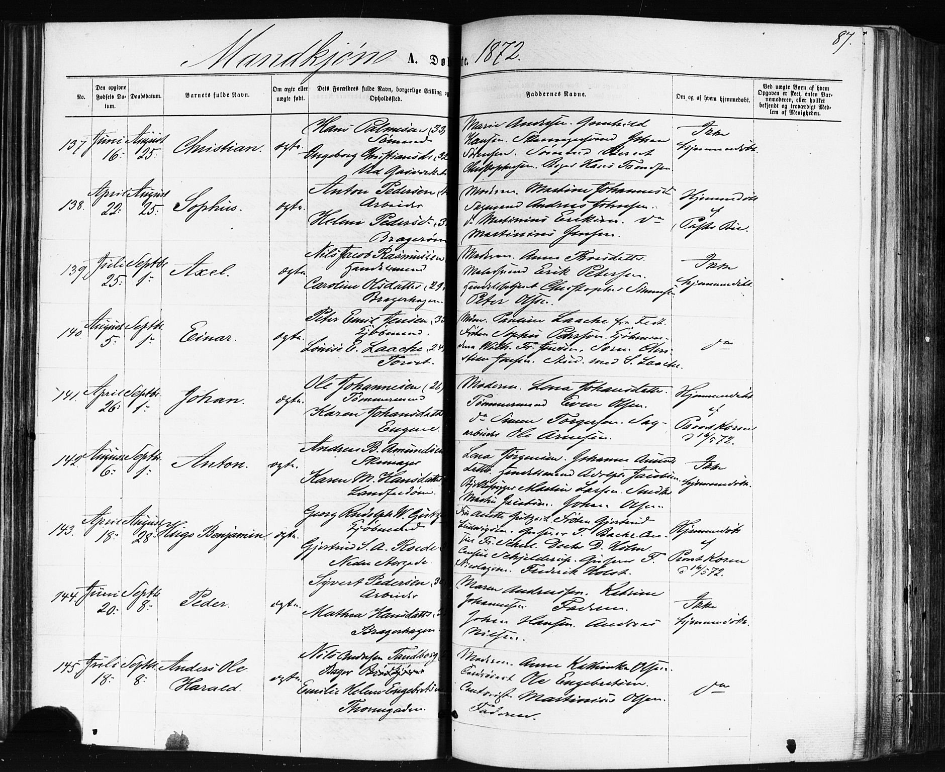 Bragernes kirkebøker, AV/SAKO-A-6/F/Fb/L0004: Parish register (official) no. II 4, 1869-1875, p. 87