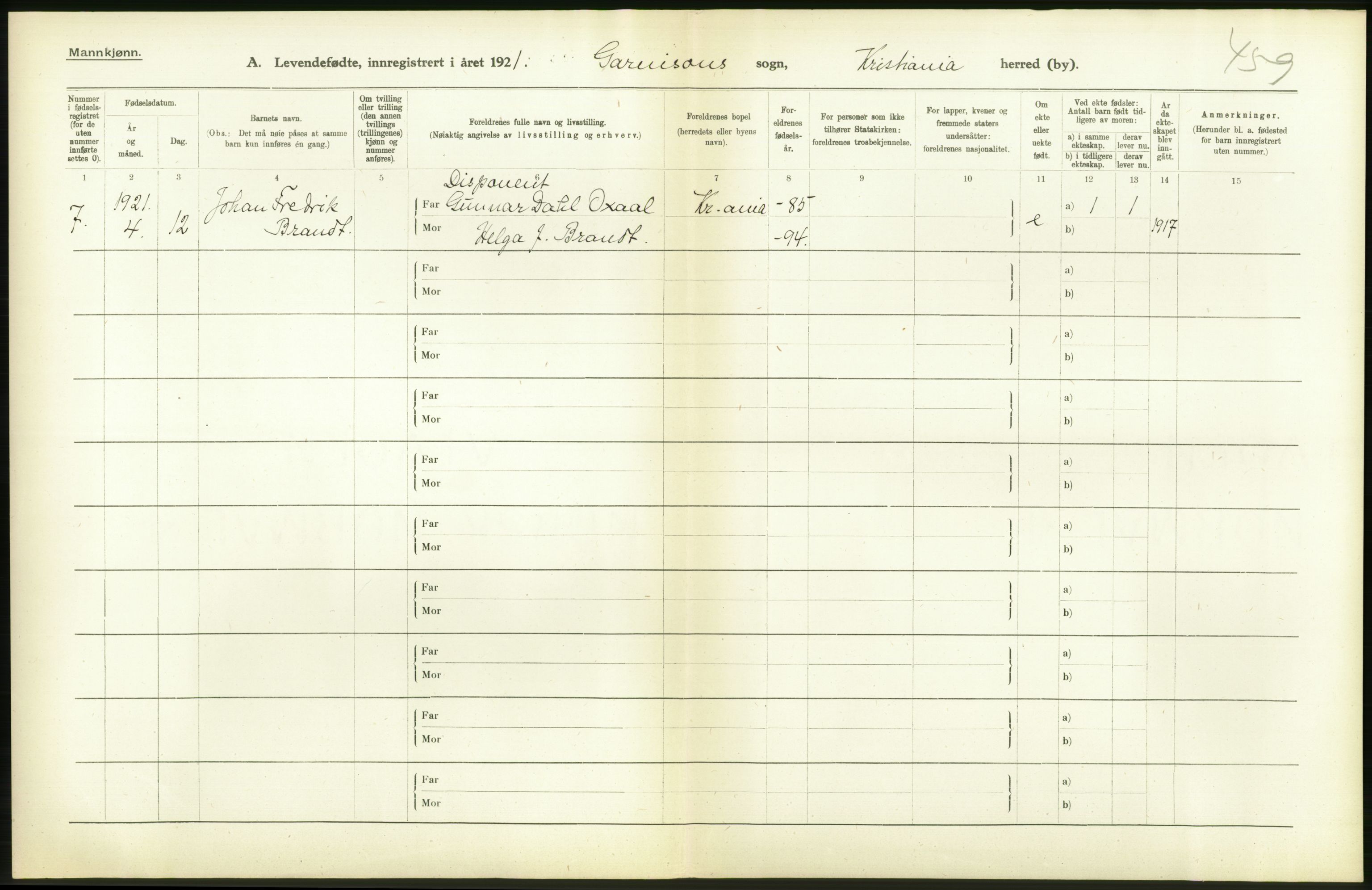 Statistisk sentralbyrå, Sosiodemografiske emner, Befolkning, RA/S-2228/D/Df/Dfc/Dfca/L0009: Kristiania: Levendefødte menn og kvinner., 1921, p. 346