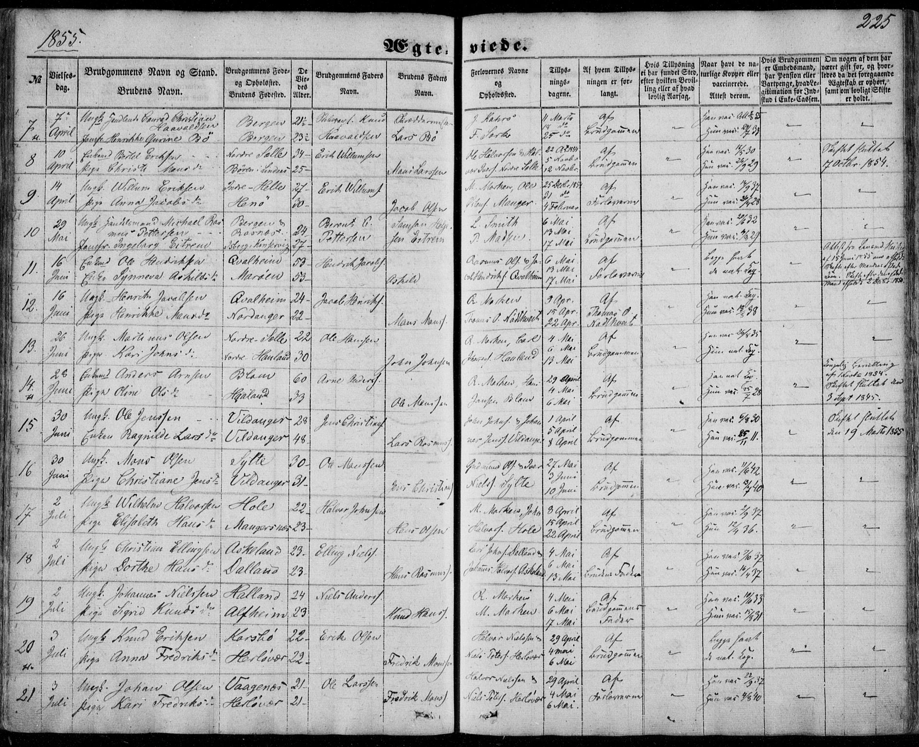Manger sokneprestembete, SAB/A-76801/H/Haa: Parish register (official) no. A 6, 1849-1859, p. 225
