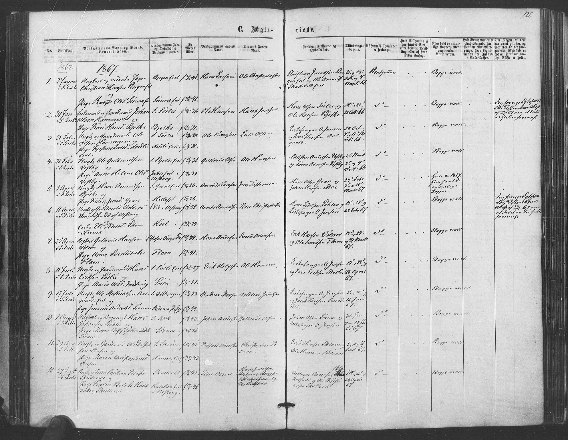 Sørum prestekontor Kirkebøker, SAO/A-10303/F/Fa/L0006: Parish register (official) no. I 6, 1864-1877, p. 126