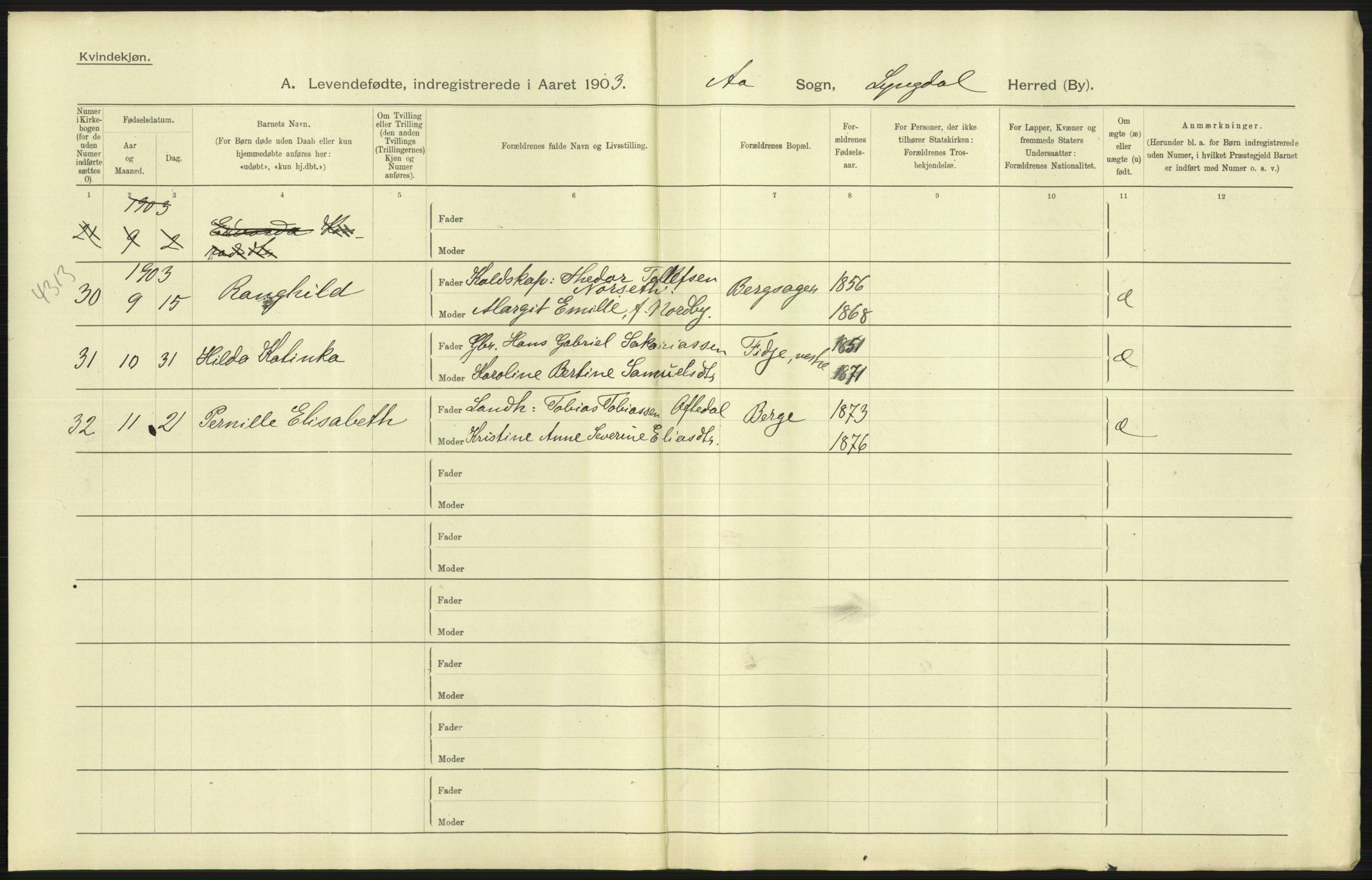 Statistisk sentralbyrå, Sosiodemografiske emner, Befolkning, AV/RA-S-2228/D/Df/Dfa/Dfaa/L0011: Lister og Mandal amt: Fødte, gifte, døde, 1903, p. 61