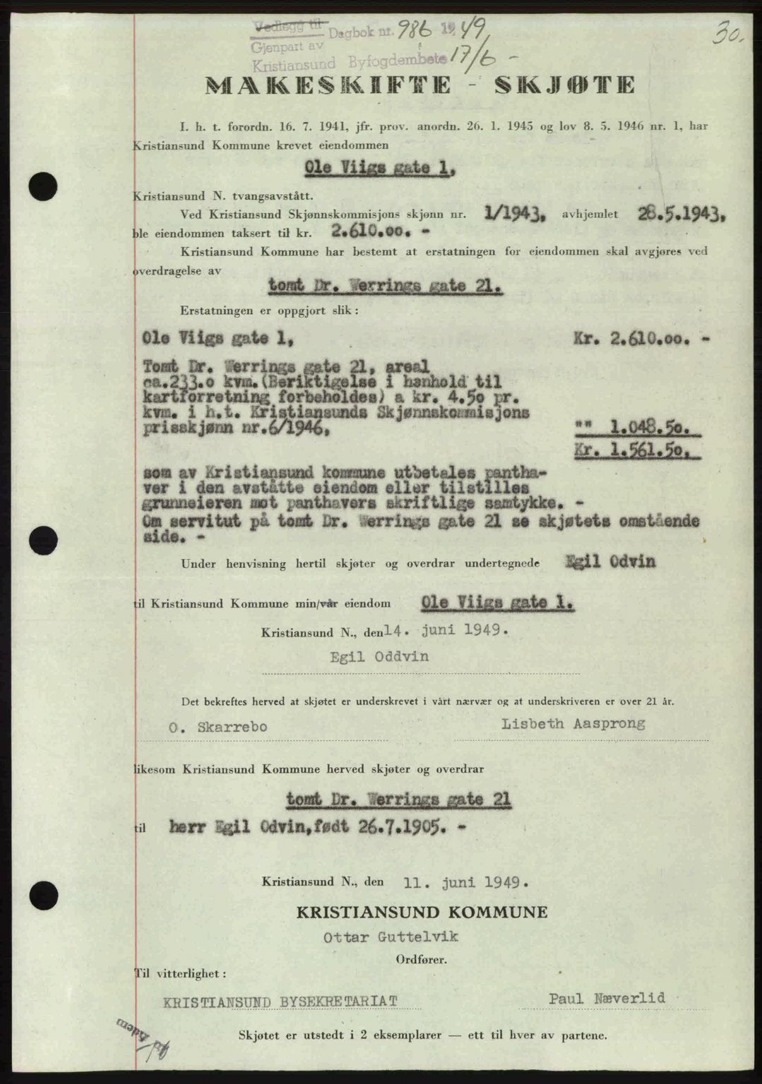Kristiansund byfogd, AV/SAT-A-4587/A/27: Mortgage book no. 46, 1949-1950, Diary no: : 986/1949