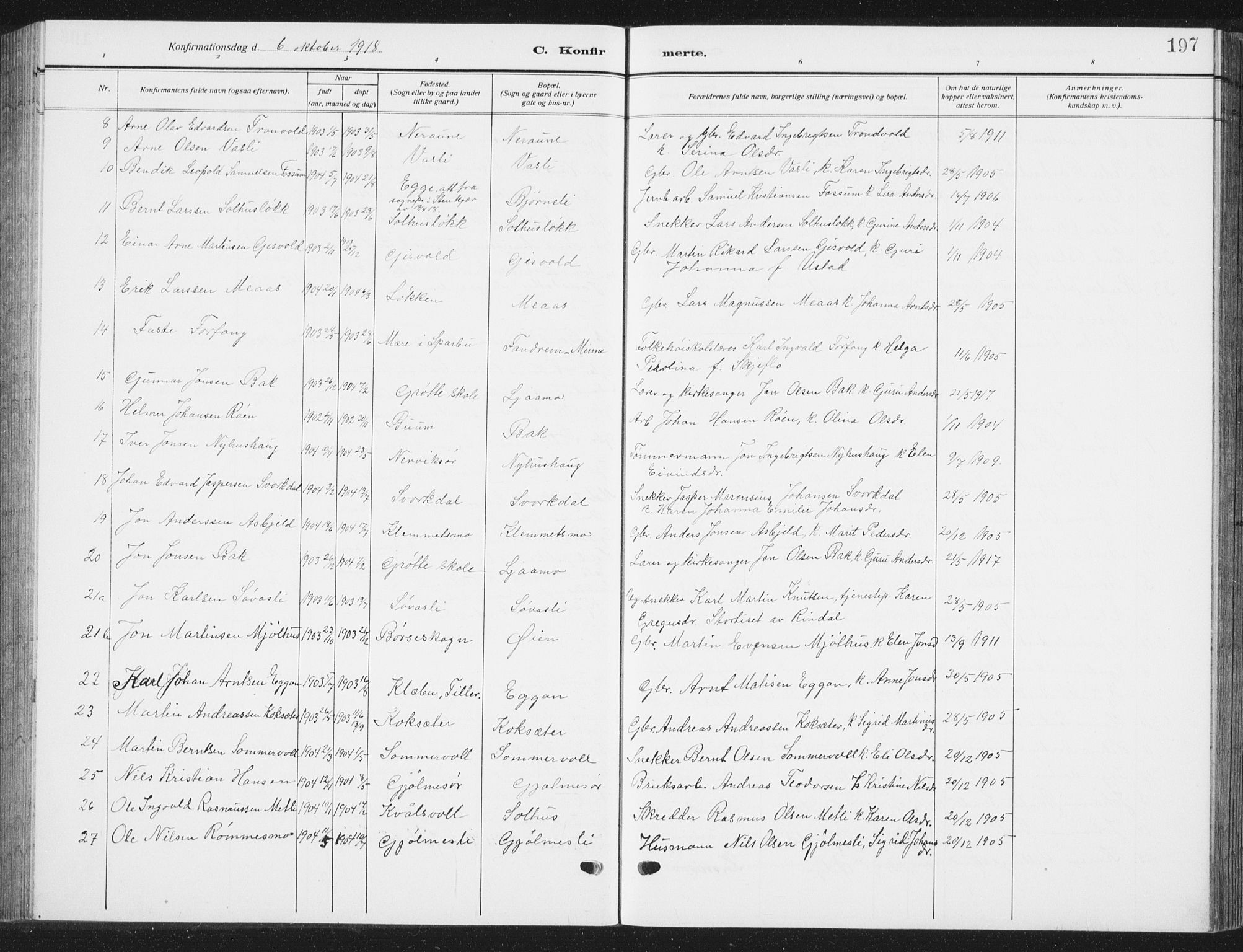 Ministerialprotokoller, klokkerbøker og fødselsregistre - Sør-Trøndelag, AV/SAT-A-1456/668/L0820: Parish register (copy) no. 668C09, 1912-1936, p. 197