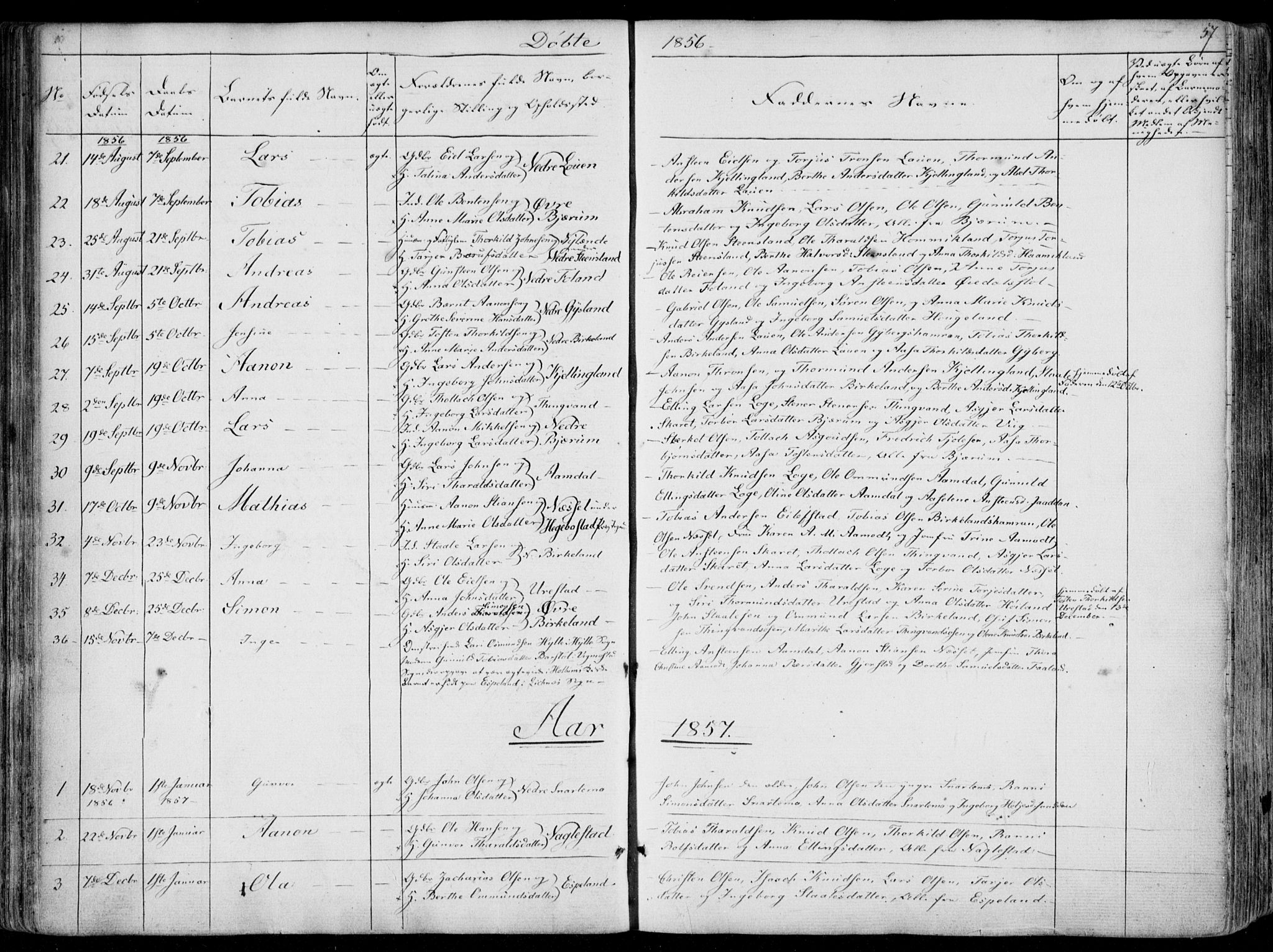 Hægebostad sokneprestkontor, SAK/1111-0024/F/Fa/Faa/L0004: Parish register (official) no. A 4, 1834-1864, p. 57