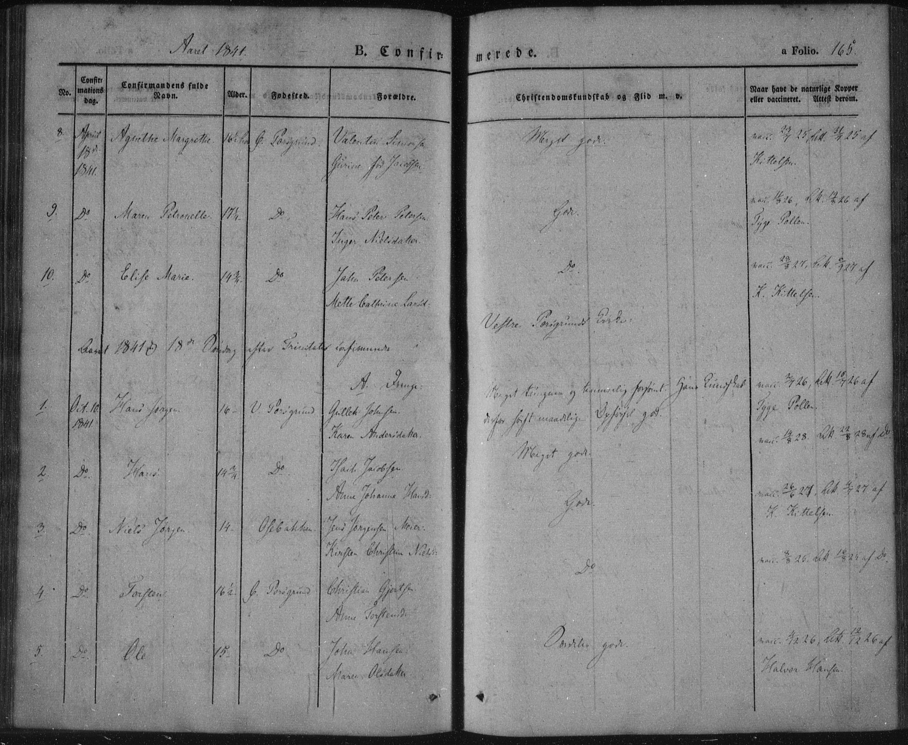 Porsgrunn kirkebøker , SAKO/A-104/F/Fa/L0006: Parish register (official) no. 6, 1841-1857, p. 165