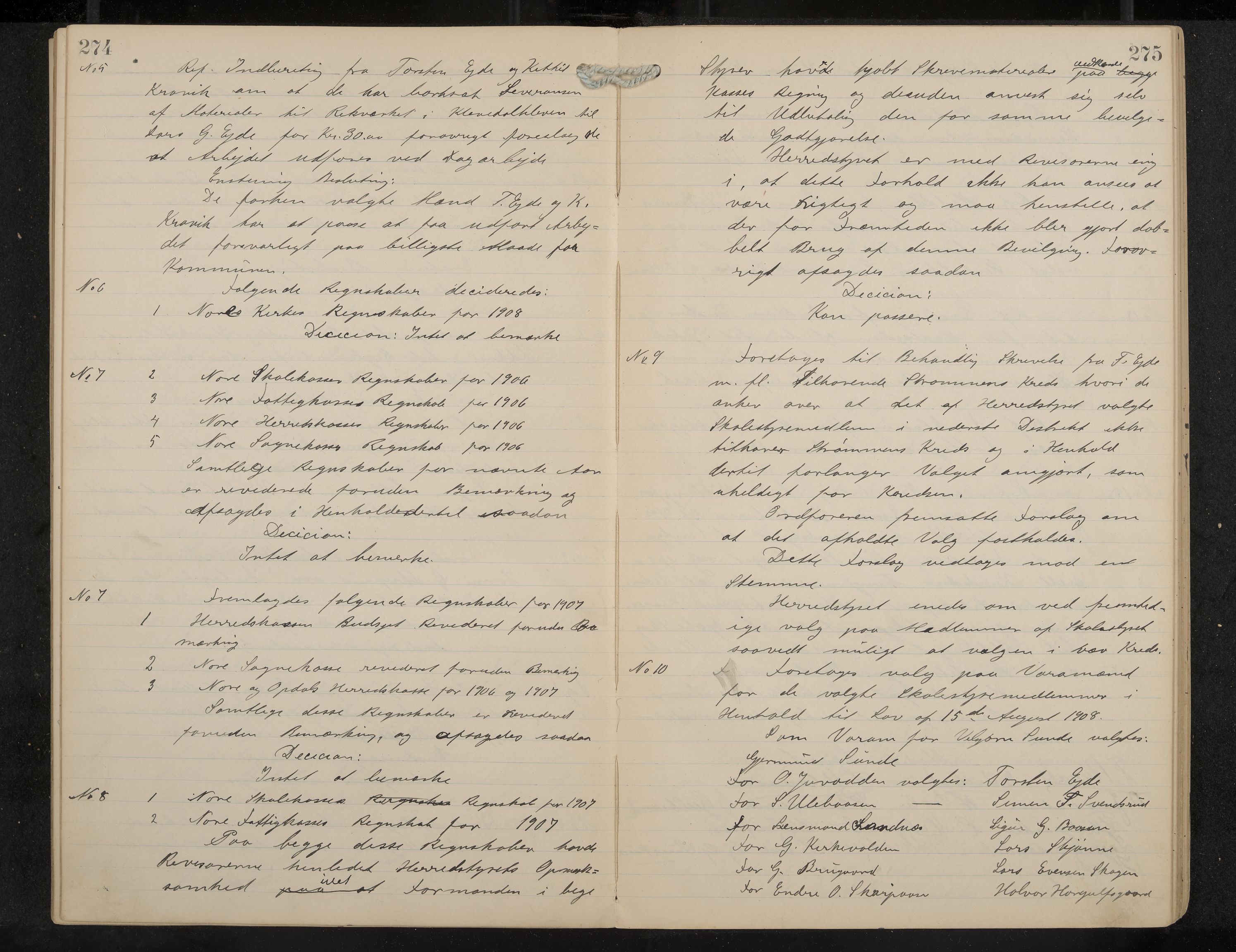 Nore formannskap og sentraladministrasjon, IKAK/0633021-2/A/Aa/L0001: Møtebok, 1901-1911, p. 274-275