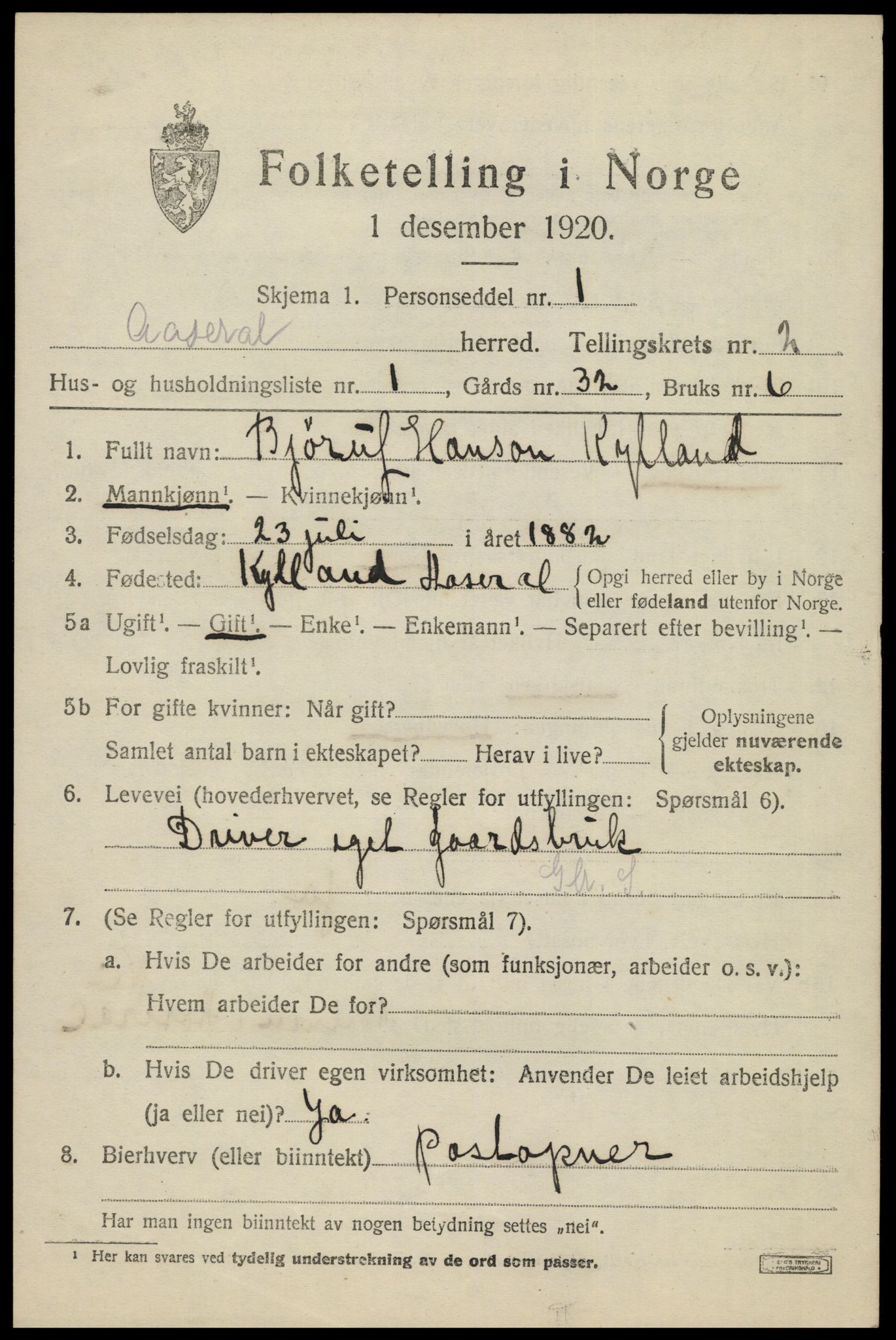 SAK, 1920 census for Åseral, 1920, p. 772