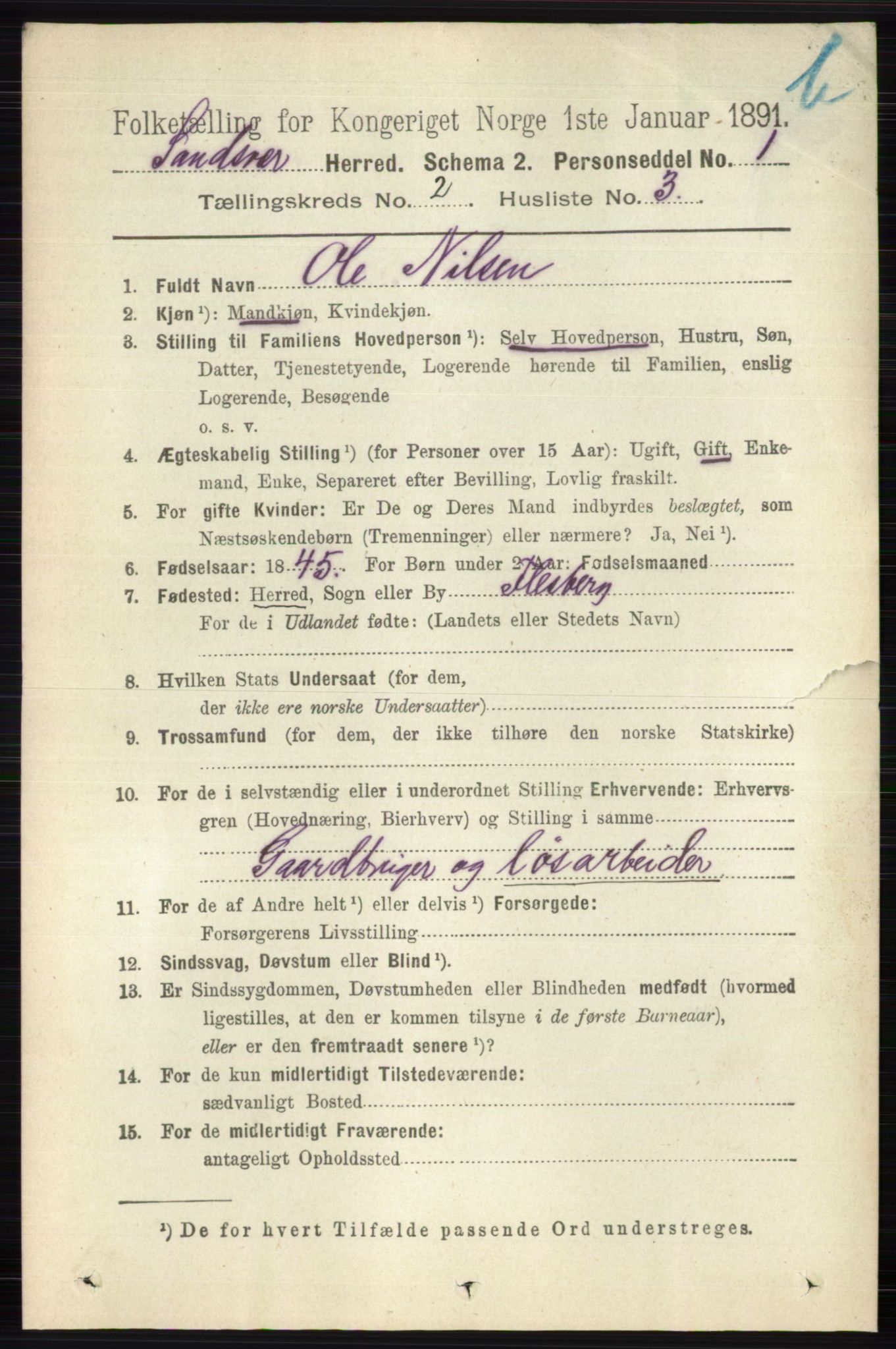 RA, 1891 census for 0629 Sandsvær, 1891, p. 5740