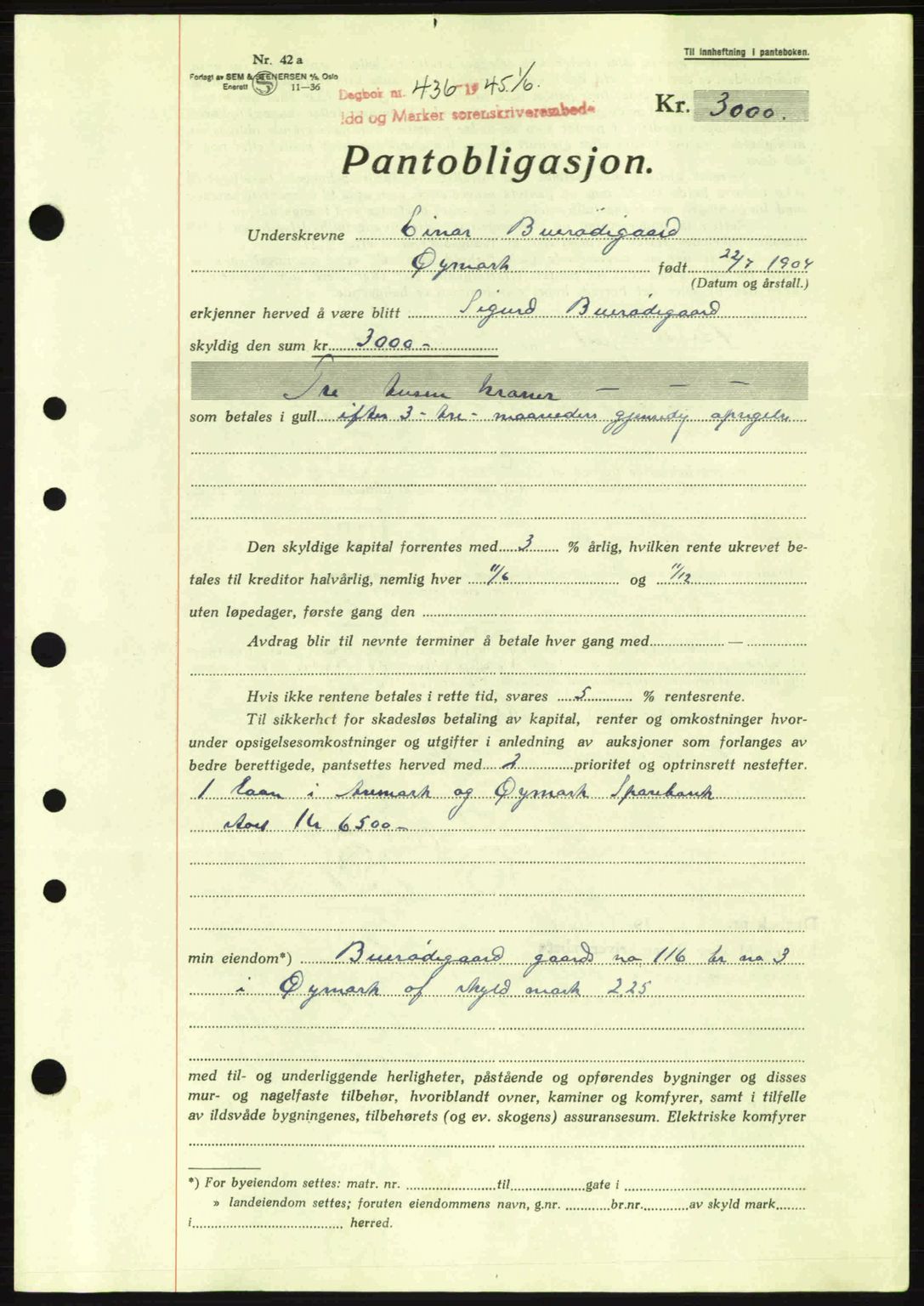 Idd og Marker sorenskriveri, AV/SAO-A-10283/G/Gb/Gbc/L0002: Mortgage book no. B4-9a, 1939-1945, Diary no: : 436/1945