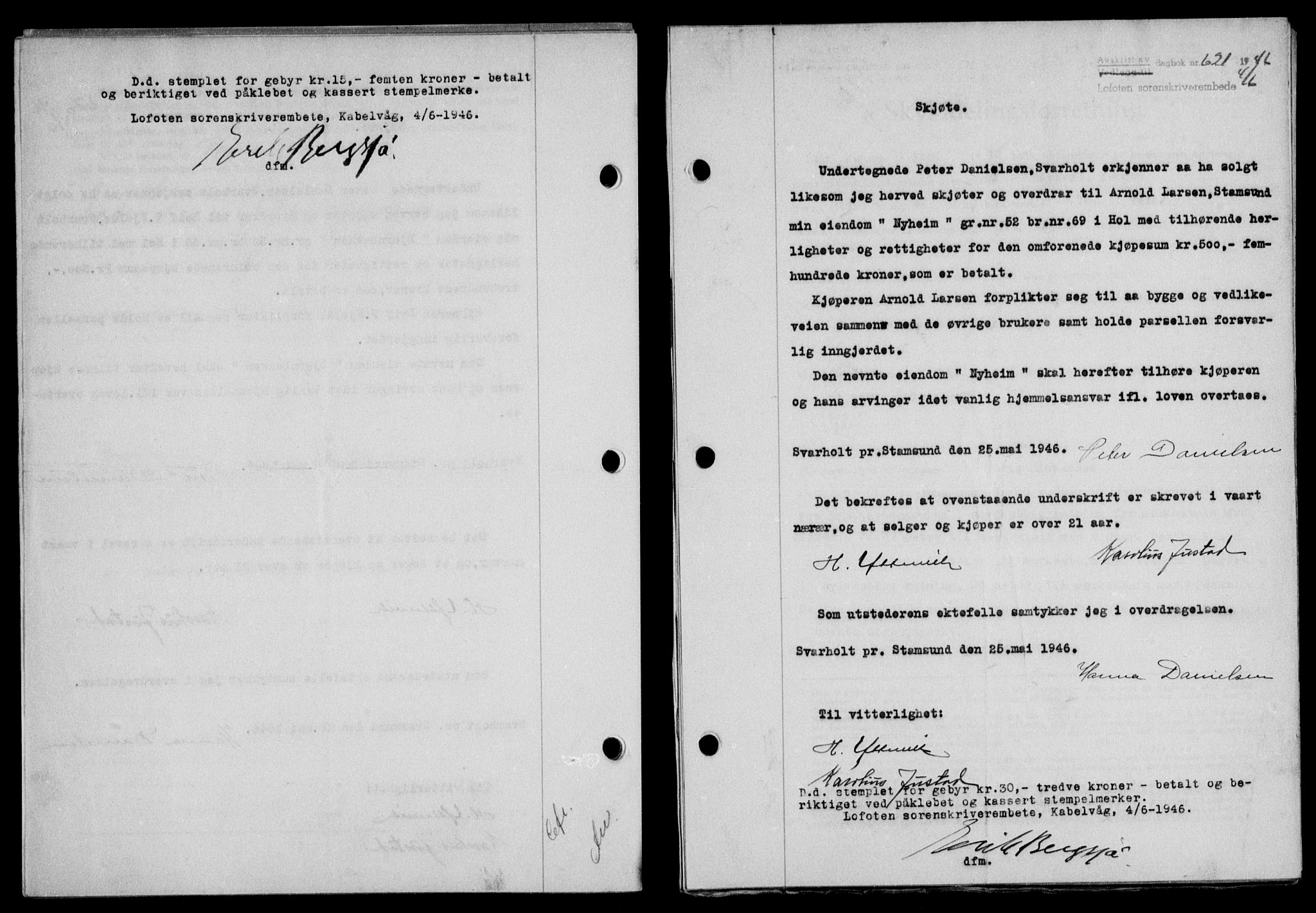 Lofoten sorenskriveri, SAT/A-0017/1/2/2C/L0014a: Mortgage book no. 14a, 1946-1946, Diary no: : 621/1946