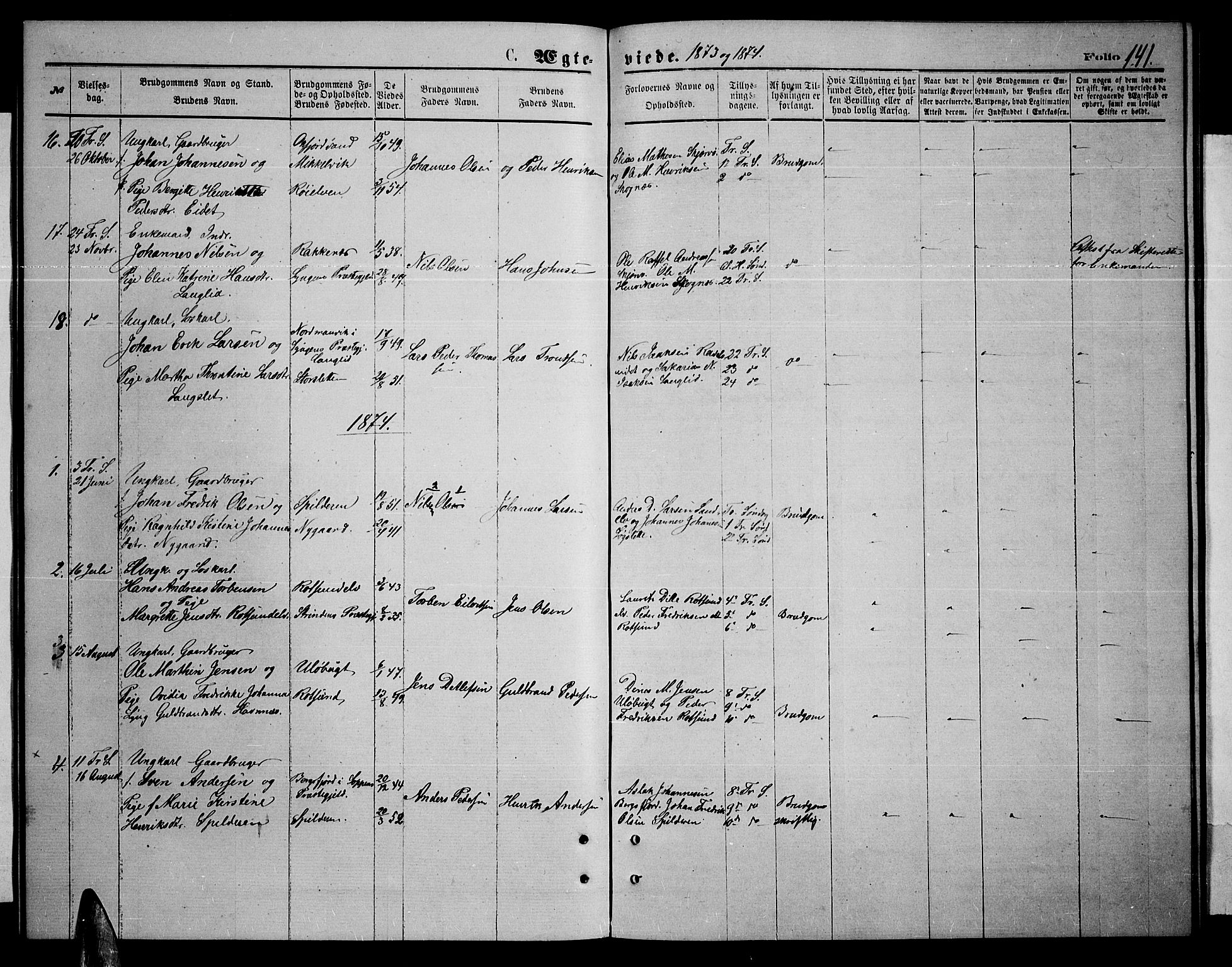 Skjervøy sokneprestkontor, AV/SATØ-S-1300/H/Ha/Hab/L0005klokker: Parish register (copy) no. 5, 1871-1877, p. 141