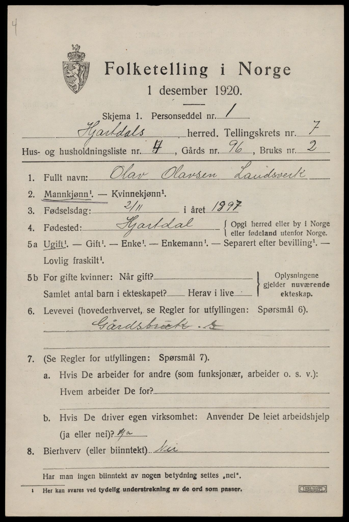 SAKO, 1920 census for Hjartdal, 1920, p. 4654