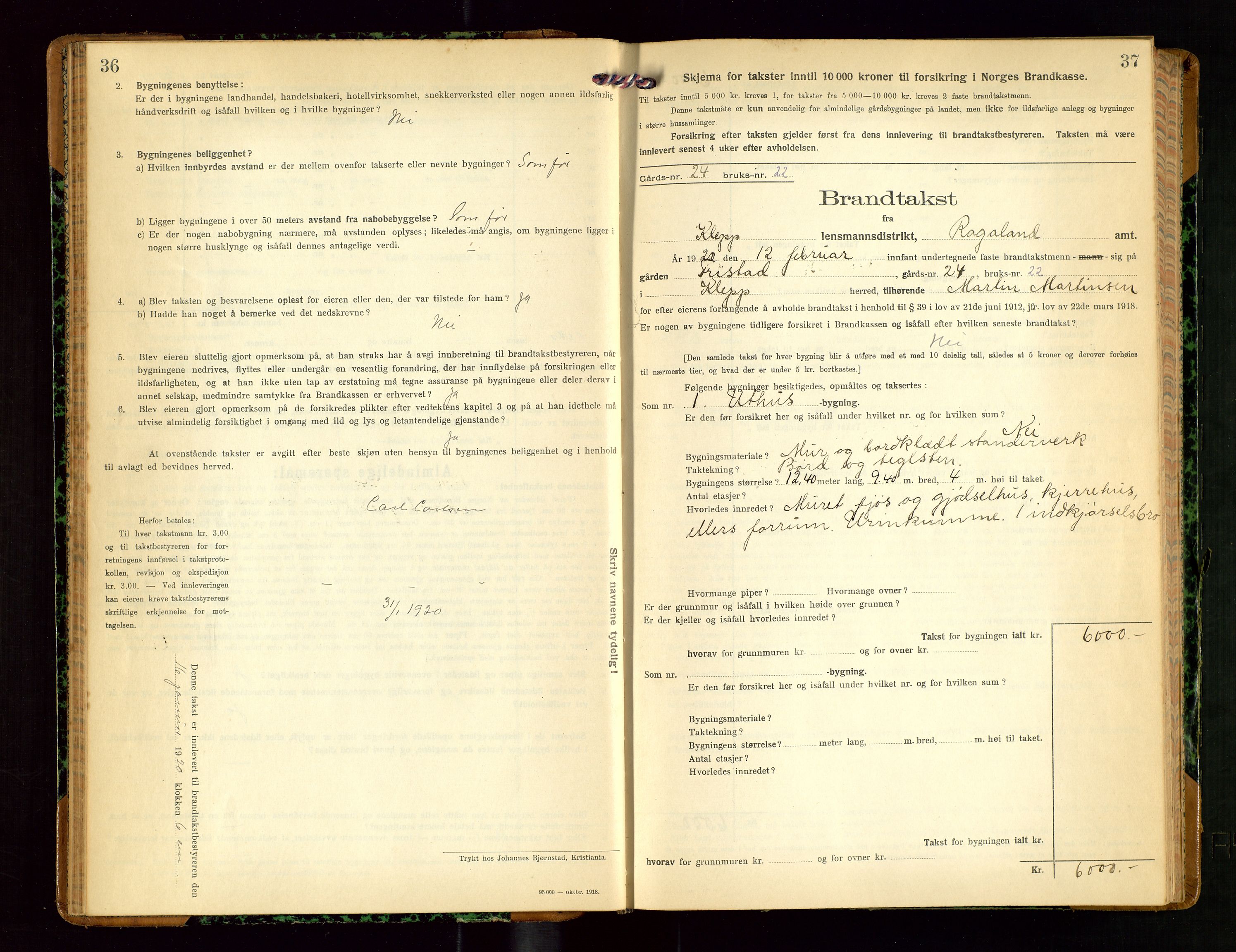 Klepp lensmannskontor, AV/SAST-A-100163/Goc/L0010: "Brandtakstprotokoll" m/register, 1919-1924, p. 36-37