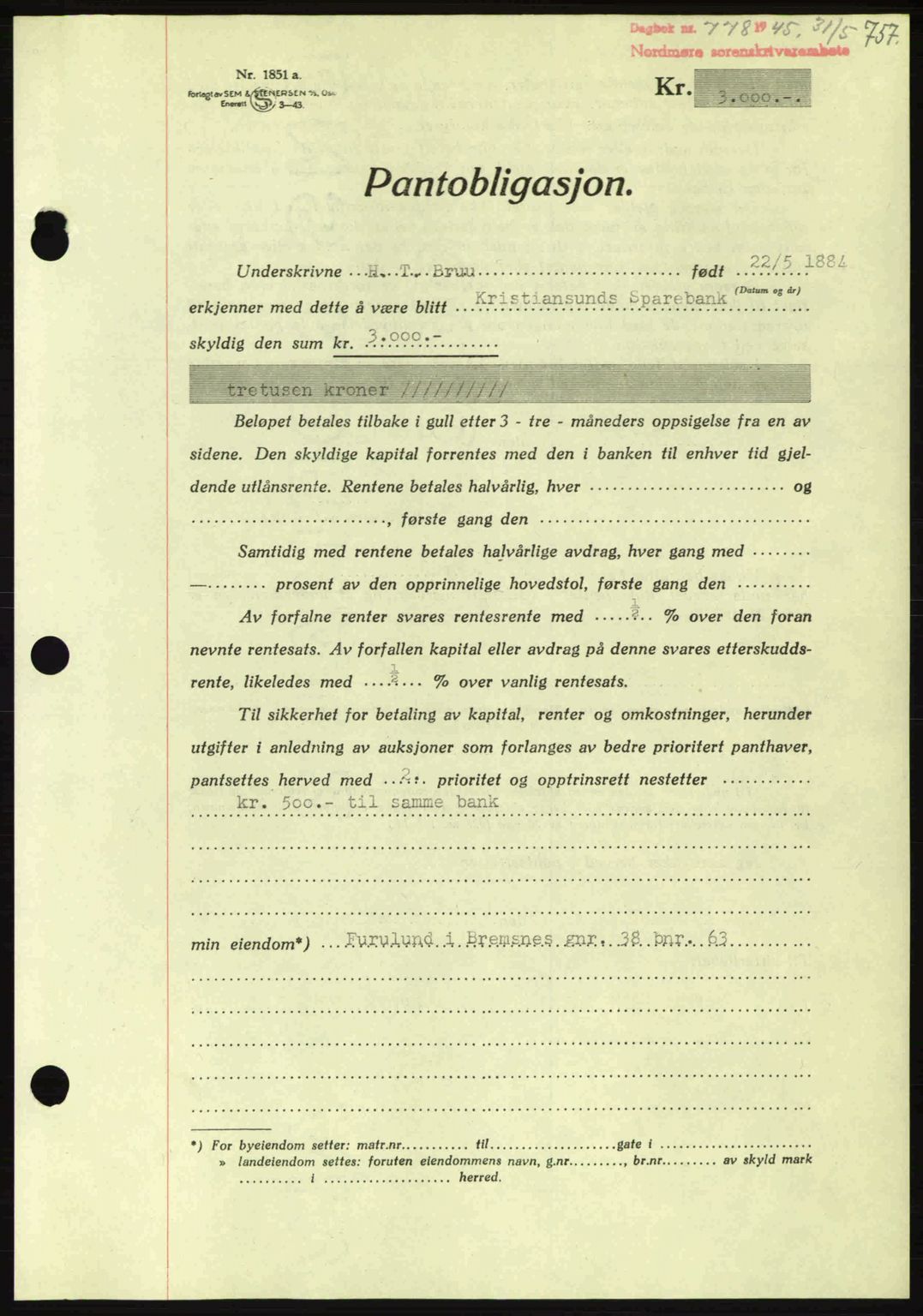 Nordmøre sorenskriveri, AV/SAT-A-4132/1/2/2Ca: Mortgage book no. B92, 1944-1945, Diary no: : 778/1945