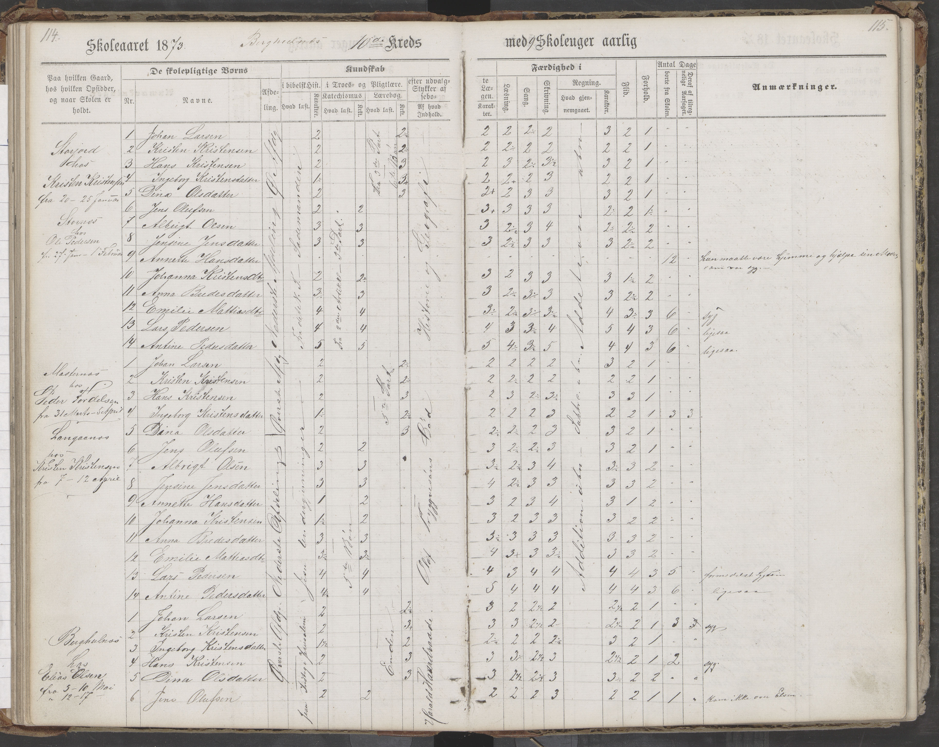 Saltdal kommune. Ymse skolekretser, AIN/K-18400.510.18/442/L0002/0002: Skoleprotokoller / Nordnes, Berghulnes, Junkerdal, 1871-1878, p. 115