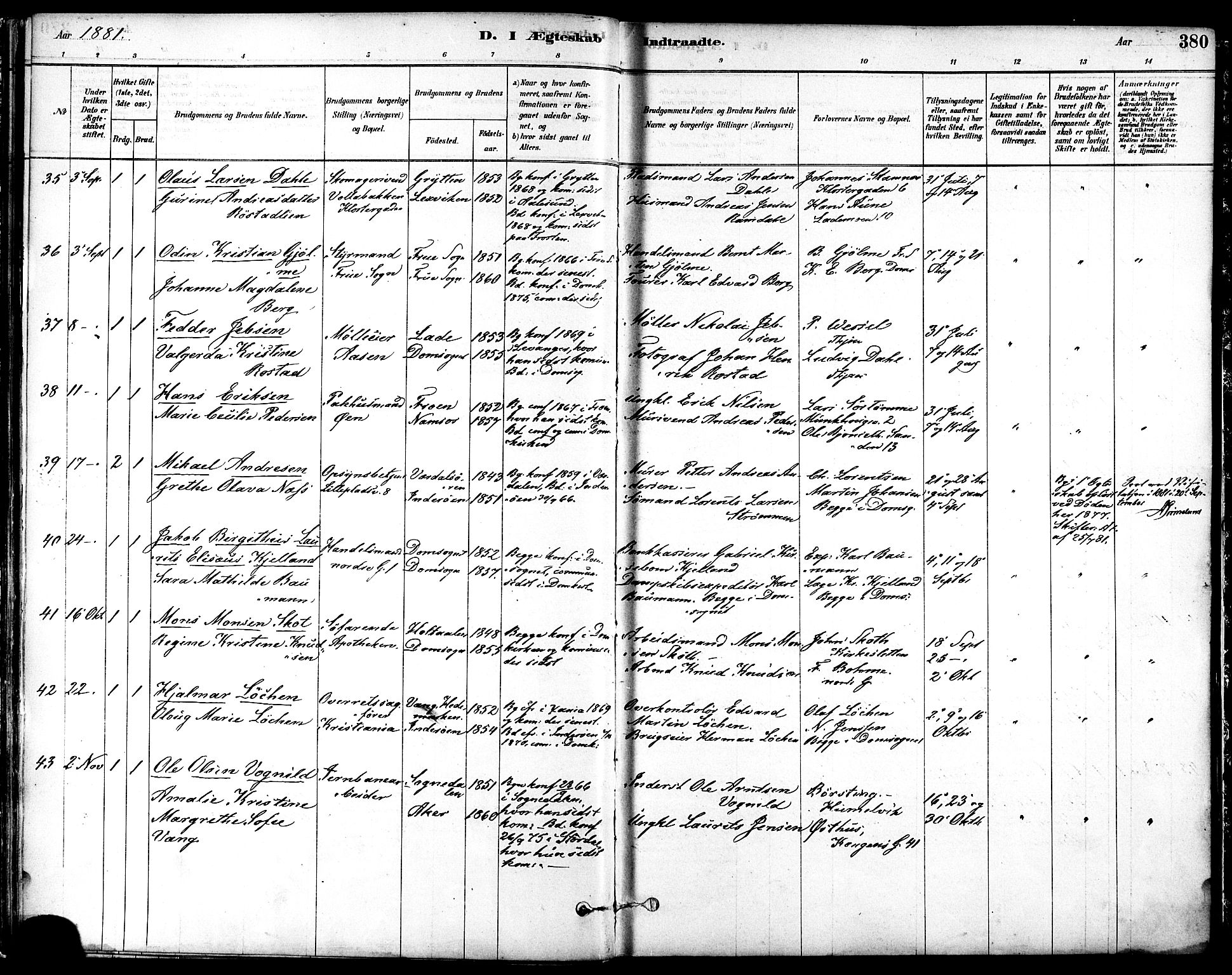 Ministerialprotokoller, klokkerbøker og fødselsregistre - Sør-Trøndelag, AV/SAT-A-1456/601/L0058: Parish register (official) no. 601A26, 1877-1891, p. 380