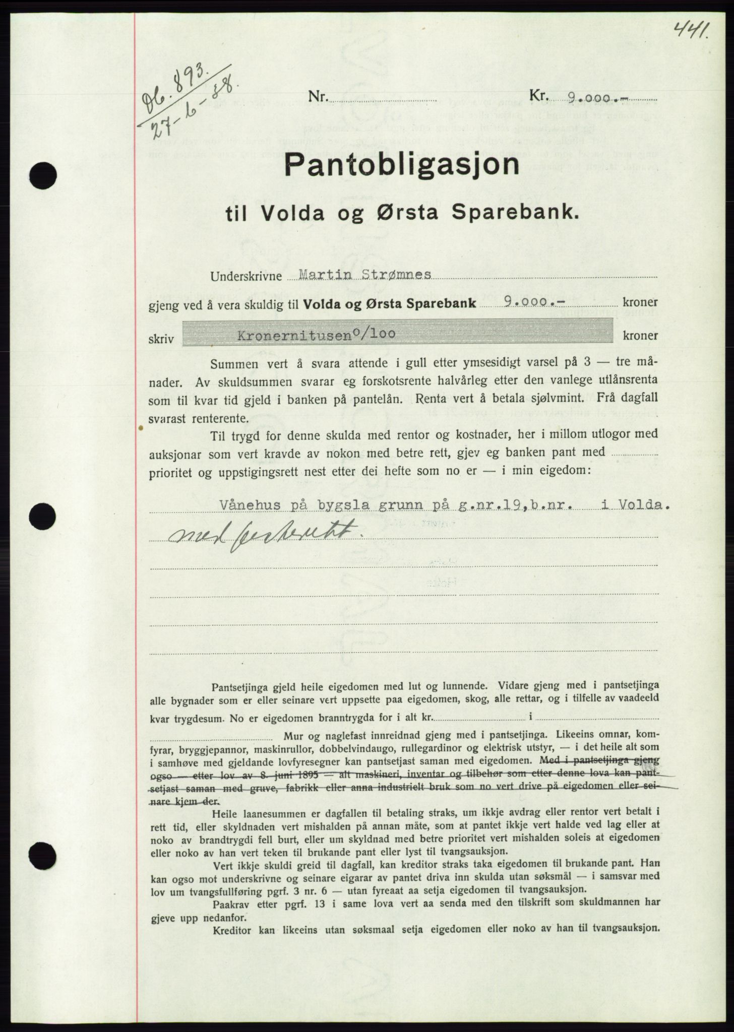 Søre Sunnmøre sorenskriveri, AV/SAT-A-4122/1/2/2C/L0065: Mortgage book no. 59, 1938-1938, Diary no: : 893/1938