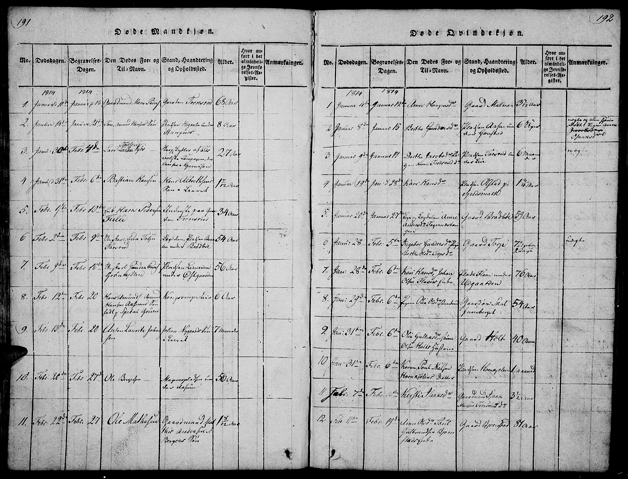 Vinger prestekontor, SAH/PREST-024/H/Ha/Hab/L0001: Parish register (copy) no. 1, 1814-1825, p. 191-192