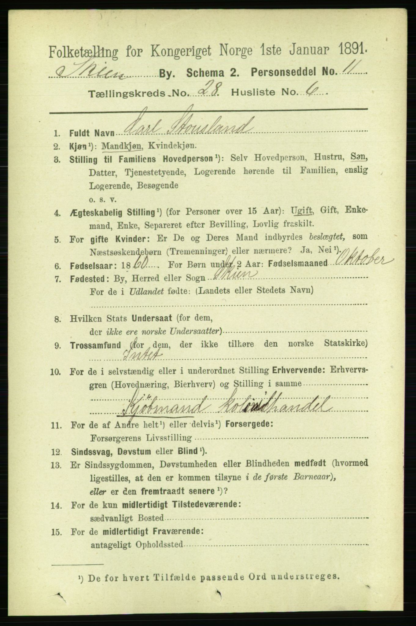 RA, 1891 census for 0806 Skien, 1891, p. 6598