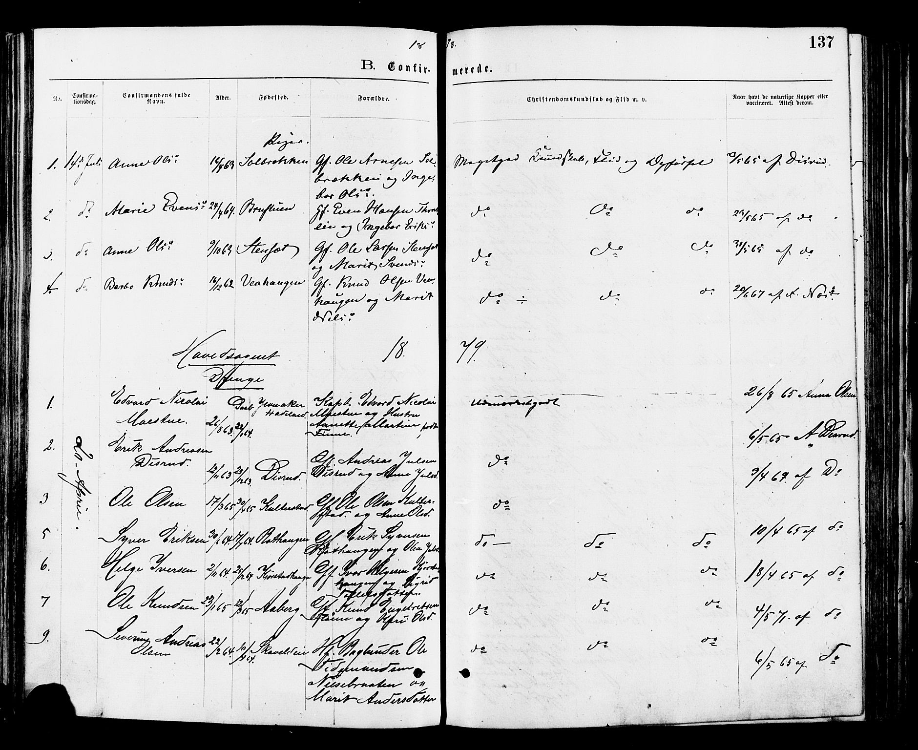 Nord-Aurdal prestekontor, AV/SAH-PREST-132/H/Ha/Haa/L0009: Parish register (official) no. 9, 1876-1882, p. 137