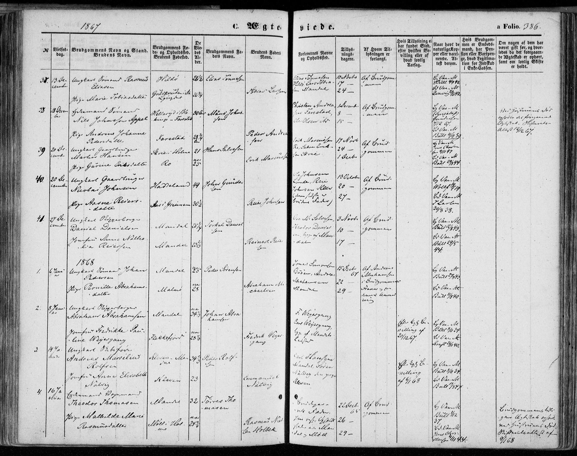 Mandal sokneprestkontor, SAK/1111-0030/F/Fa/Faa/L0014: Parish register (official) no. A 14, 1859-1872, p. 386