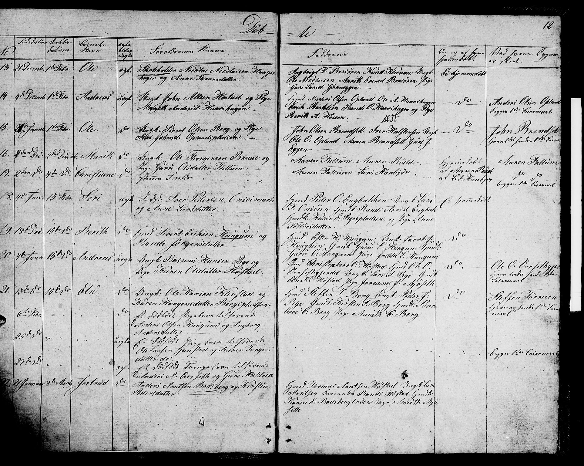 Ministerialprotokoller, klokkerbøker og fødselsregistre - Sør-Trøndelag, AV/SAT-A-1456/612/L0386: Parish register (copy) no. 612C02, 1834-1845, p. 12