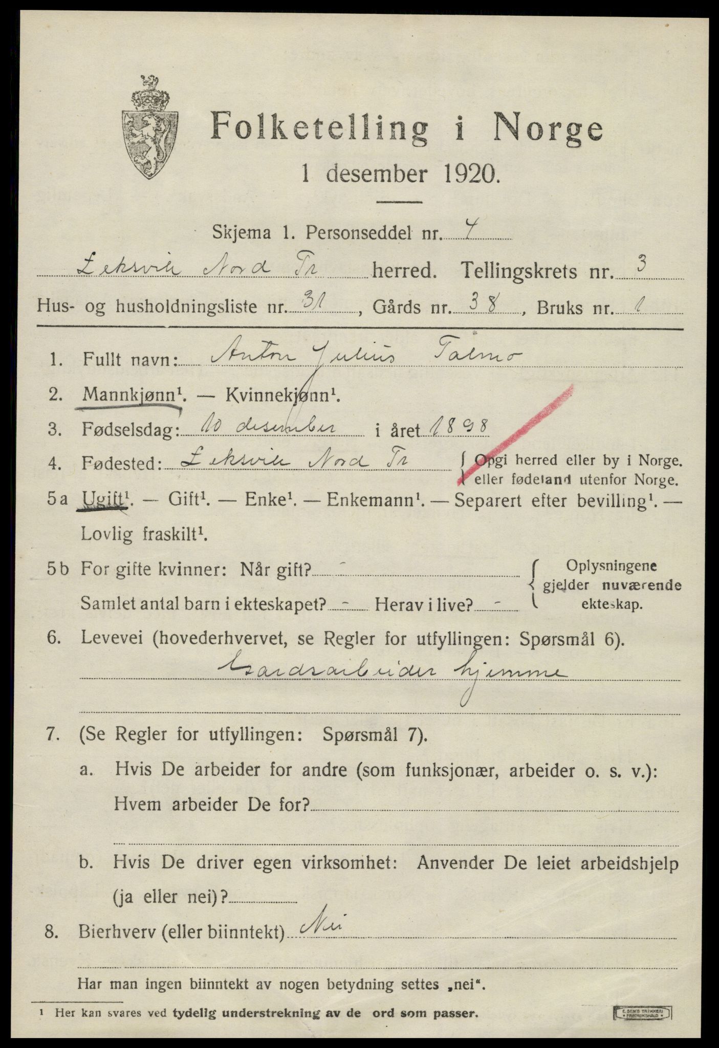 SAT, 1920 census for Leksvik, 1920, p. 3264