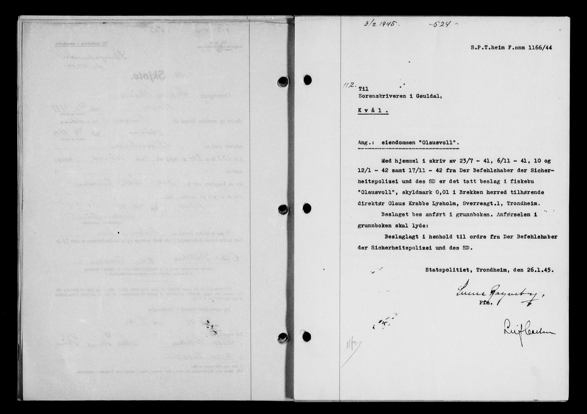 Gauldal sorenskriveri, SAT/A-0014/1/2/2C/L0058: Mortgage book no. 63, 1944-1945, Diary no: : 112/1945