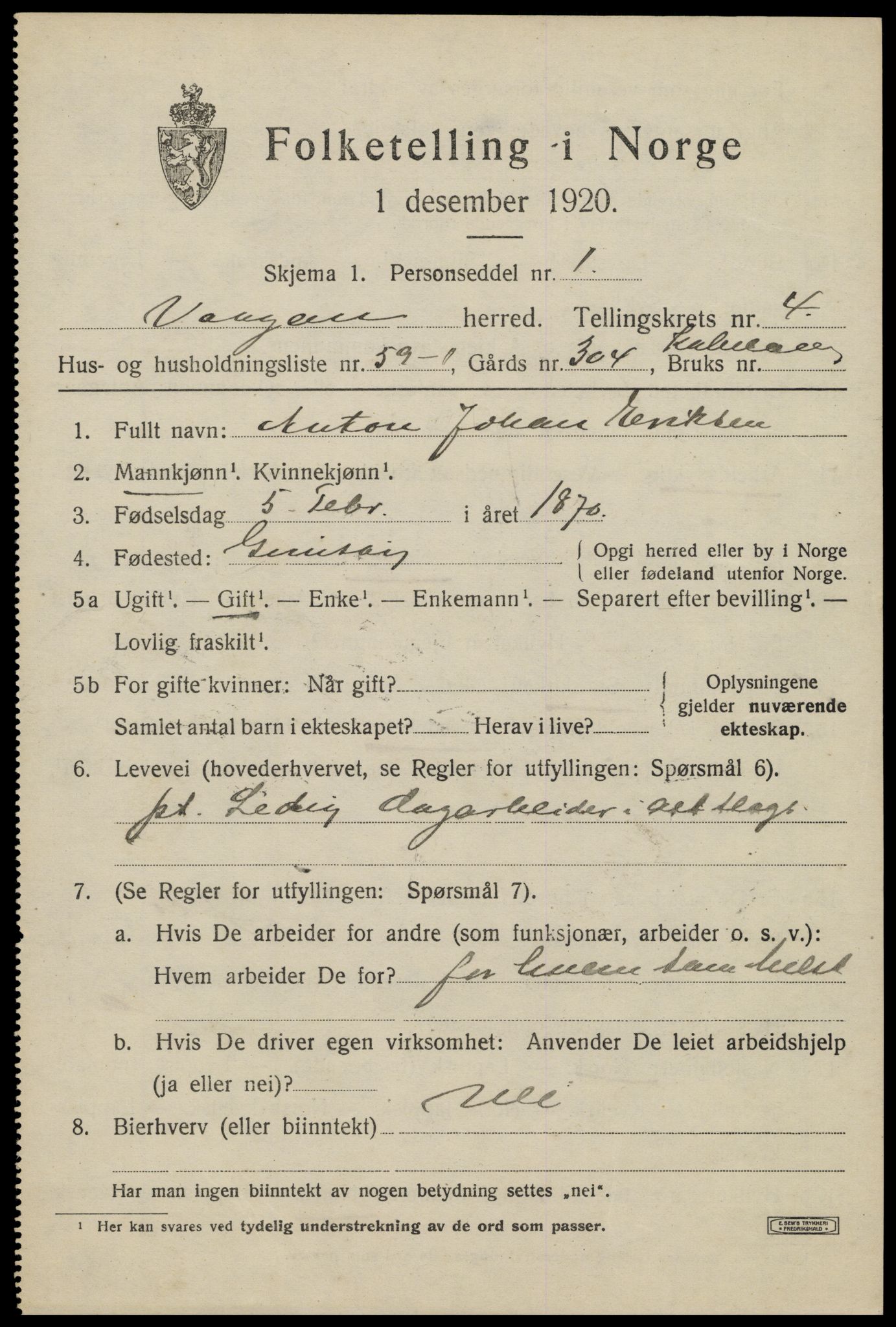 SAT, 1920 census for Vågan, 1920, p. 3937