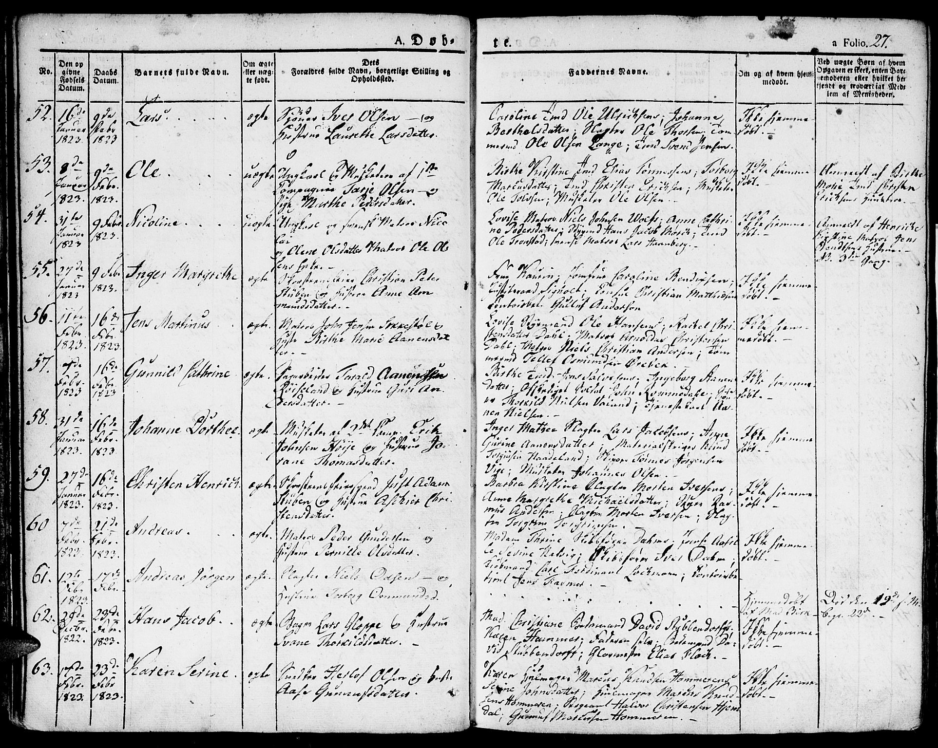 Kristiansand domprosti, SAK/1112-0006/F/Fa/L0009: Parish register (official) no. A 9, 1821-1827, p. 27