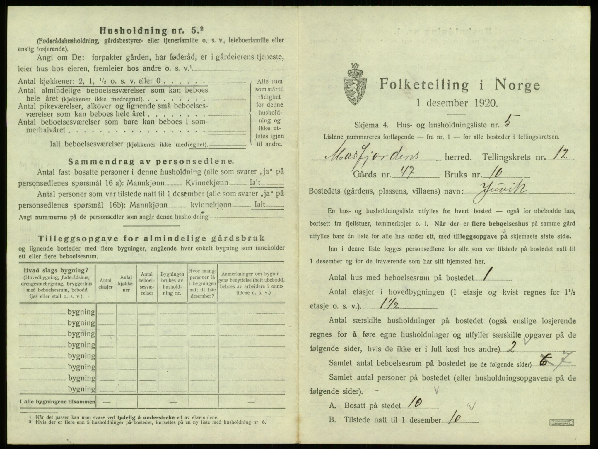 SAB, 1920 census for Masfjorden, 1920, p. 605
