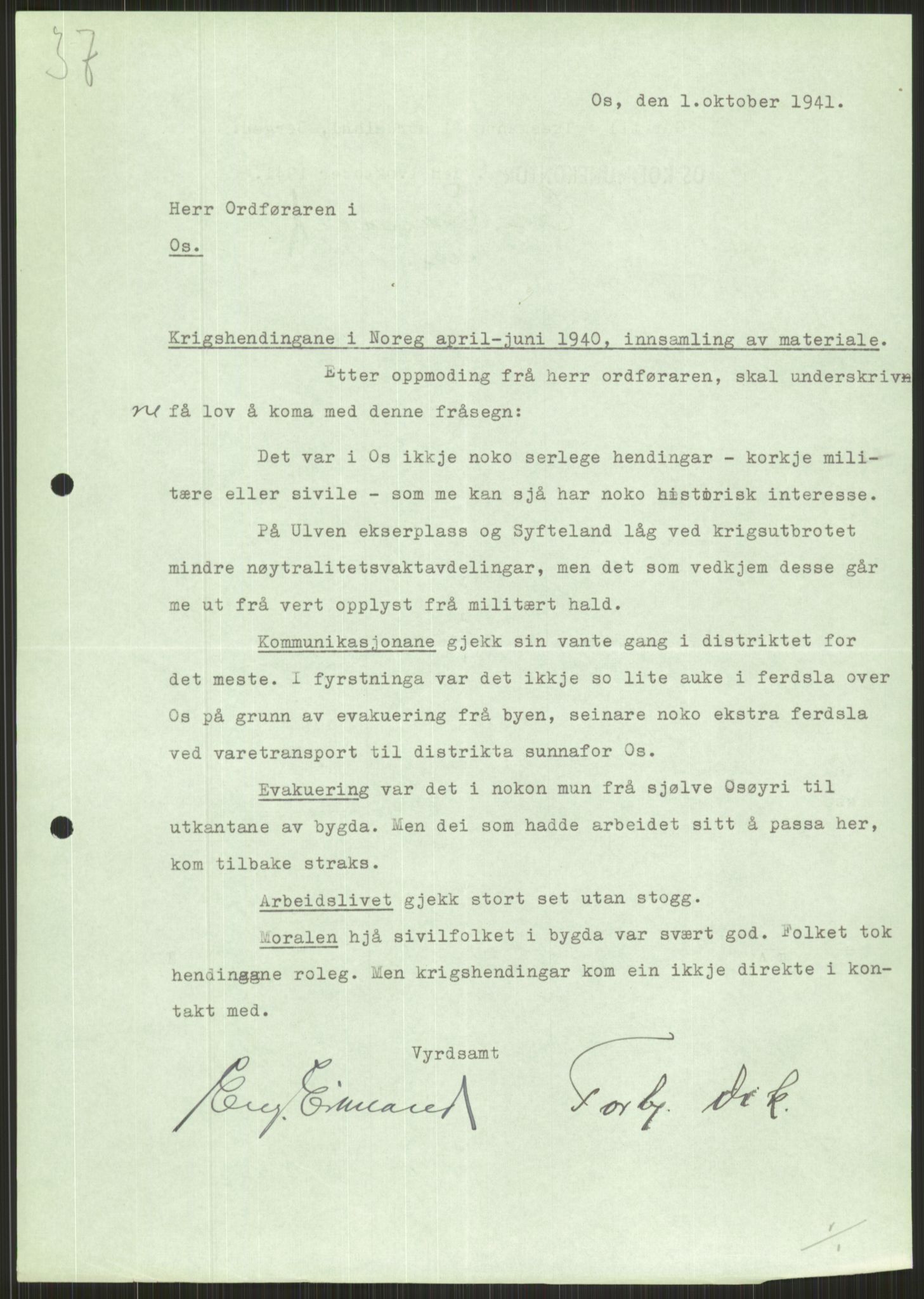 Forsvaret, Forsvarets krigshistoriske avdeling, AV/RA-RAFA-2017/Y/Ya/L0015: II-C-11-31 - Fylkesmenn.  Rapporter om krigsbegivenhetene 1940., 1940, p. 398