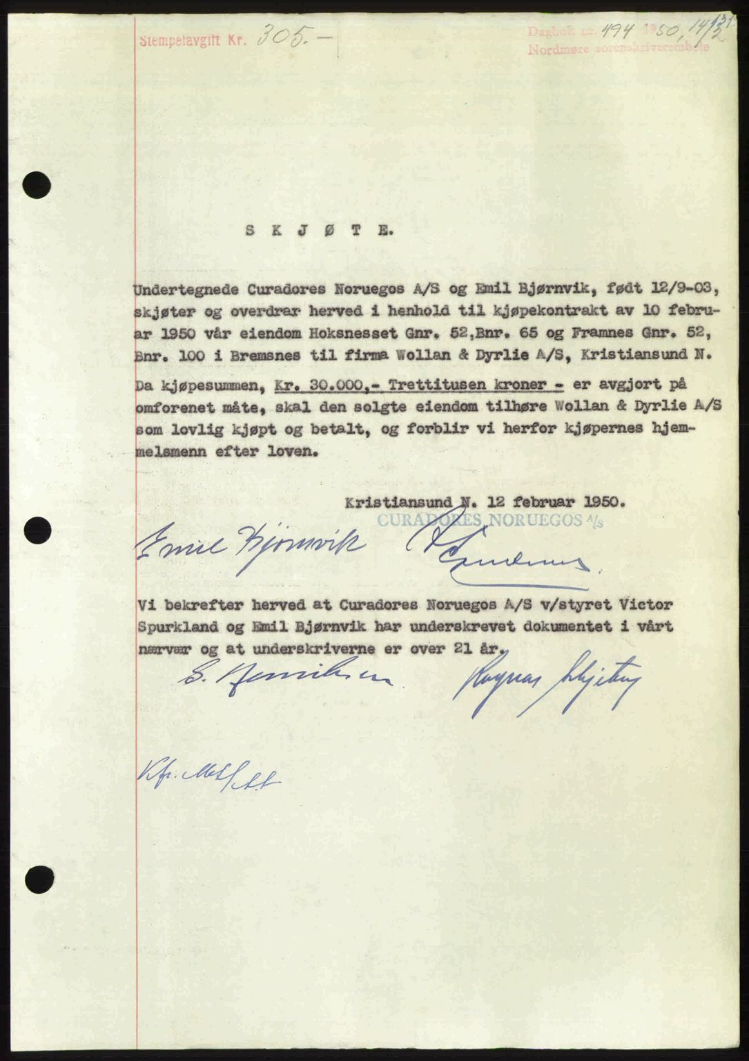 Nordmøre sorenskriveri, AV/SAT-A-4132/1/2/2Ca: Mortgage book no. A114, 1950-1950, Diary no: : 494/1950