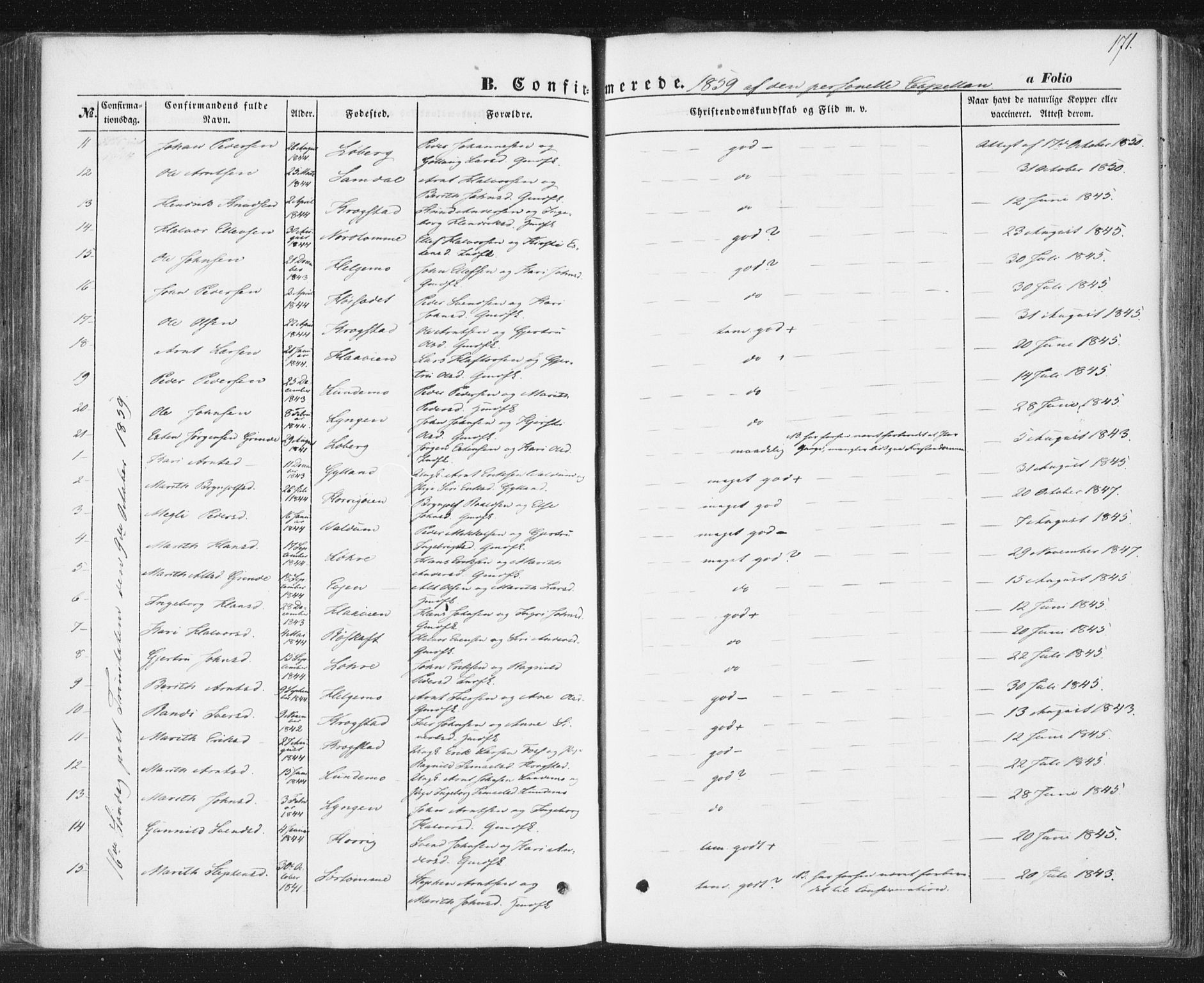 Ministerialprotokoller, klokkerbøker og fødselsregistre - Sør-Trøndelag, SAT/A-1456/692/L1103: Parish register (official) no. 692A03, 1849-1870, p. 171