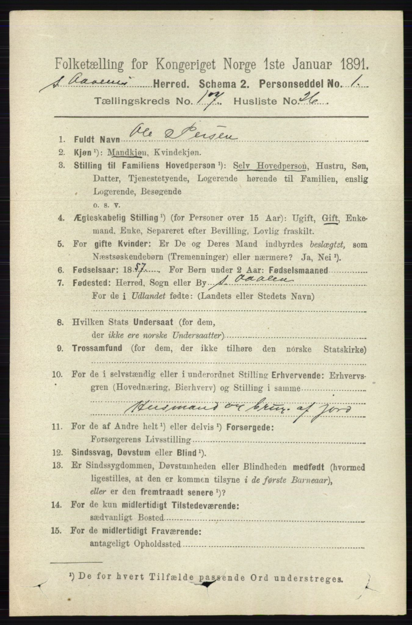 RA, 1891 census for 0419 Sør-Odal, 1891, p. 8012