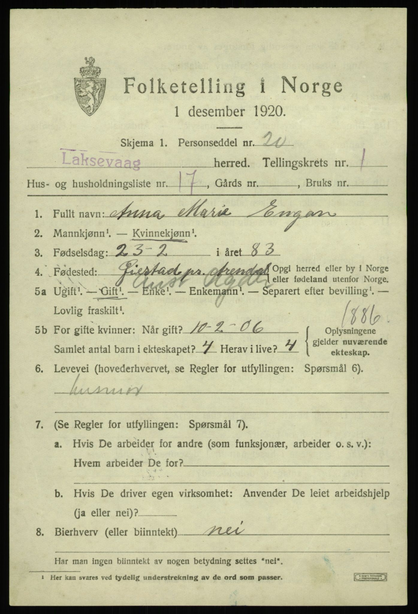 SAB, 1920 census for Laksevåg, 1920, p. 2444