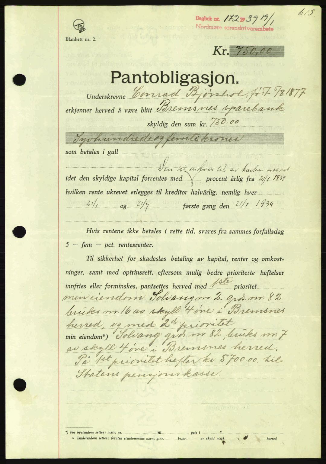 Nordmøre sorenskriveri, SAT/A-4132/1/2/2Ca: Mortgage book no. B84, 1938-1939, Diary no: : 172/1939